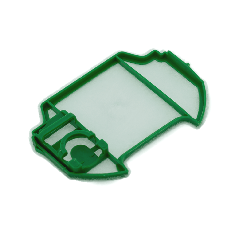 Un filtro in plastica verde piatta con rete in feltro bianco e manico in plastica.