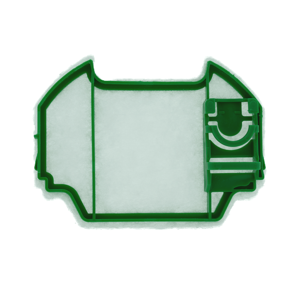 Una cornice di plastica verde rettangolare con filtro bianco e una clip sul lato destro su sfondo bianco.