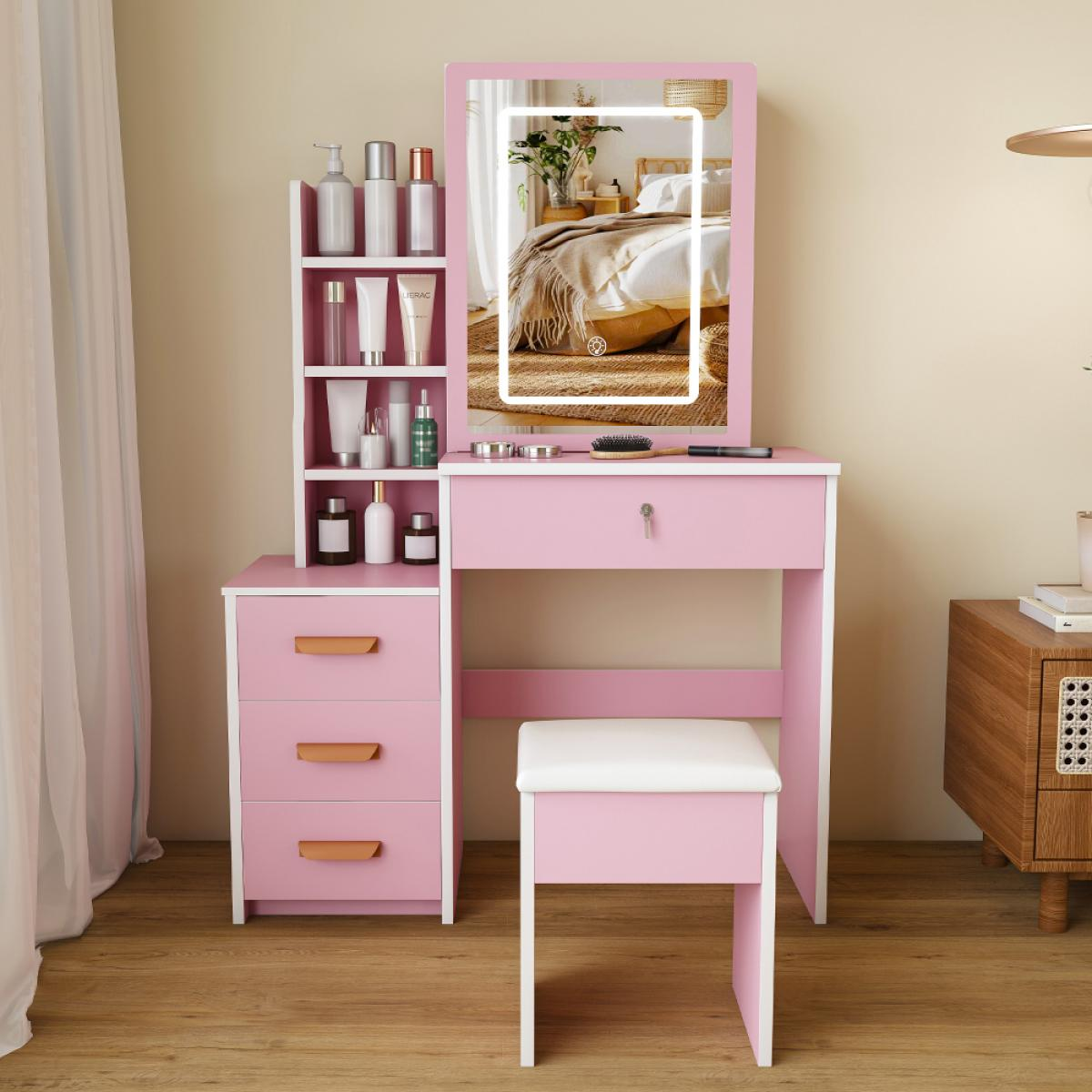 Rosa-weißer Schminktisch mit Spiegel, Regalen und Hocker in einem hellen Raum.