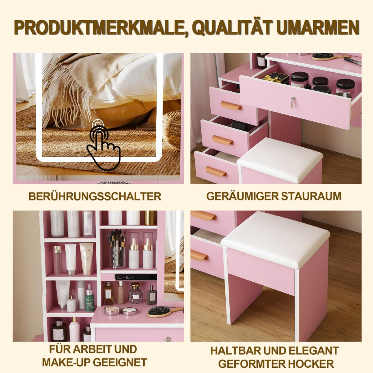 Collage zeigt Produktdetails eines pinken Schminktischs mit Spiegel, viel Stauraum, Regalen und gepolstertem Hocker.