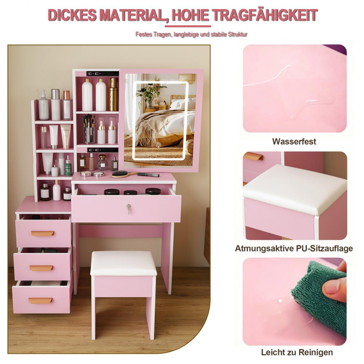 Rosa Frisiertisch mit Spiegel, Schubladen, Regalen und Hocker, zeigt wasserfeste und pflegeleichte Oberflächen.