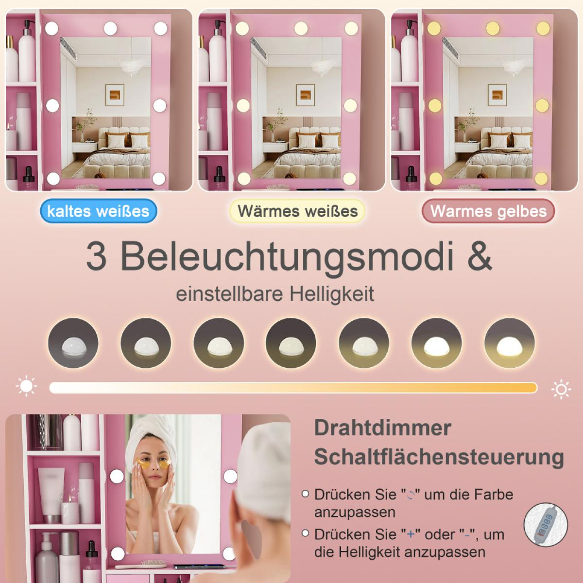 Rosa Schminkspiegel mit Beleuchtung, drei Lichtmodi und einstellbarer Helligkeit.