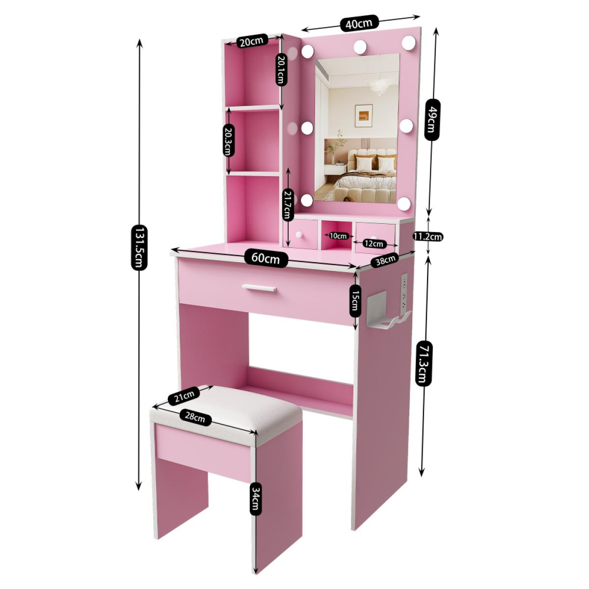 Rosa Schminktisch mit beleuchtetem Spiegel, Regalen, Schubladen und passendem Hocker, mit Maßangaben versehen.