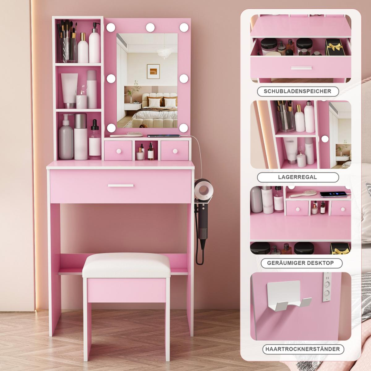 Rosa Schminktisch mit beleuchtetem Spiegel, Regal, Schubladen, Hocker und Haartrocknerhalter.