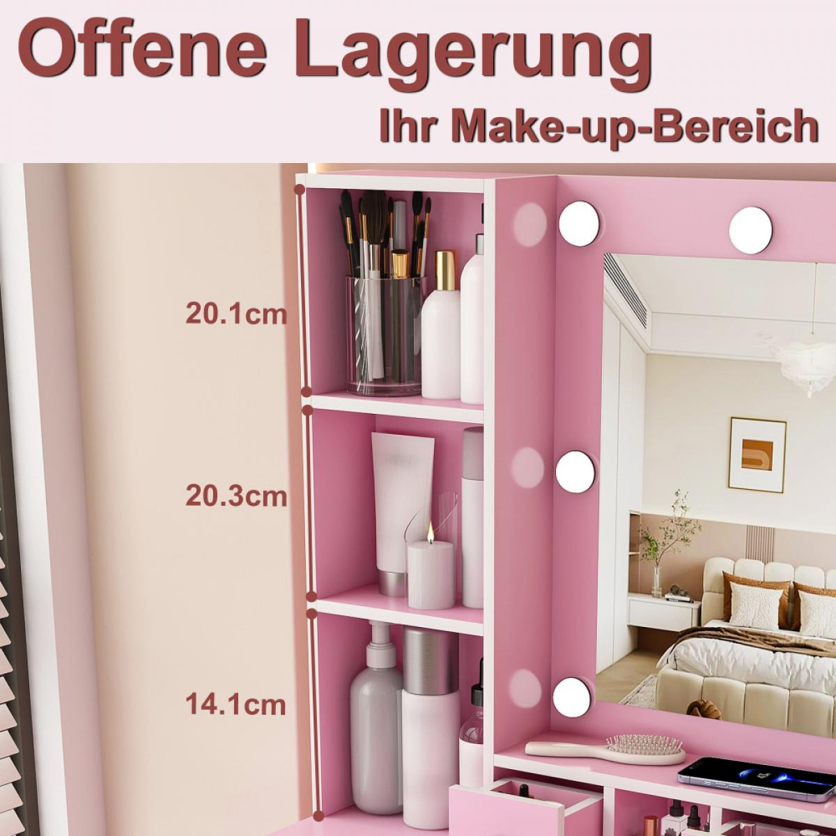 Rosa Frisiertisch mit Regalen voller Make-up, Pinsel und Maßen.