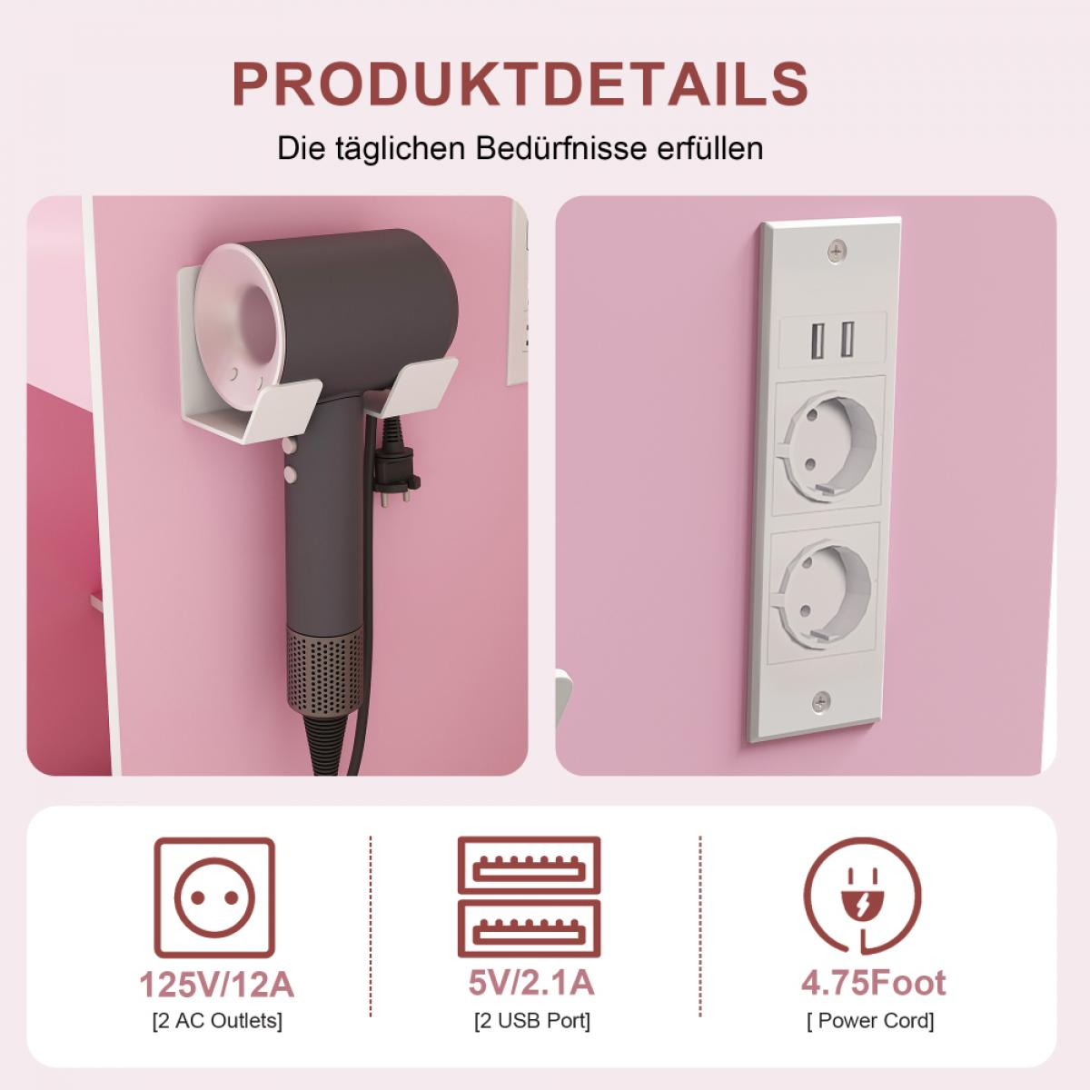 Produktdetails für einen Föhnhalter und Steckdosen mit USB-Anschlüssen.