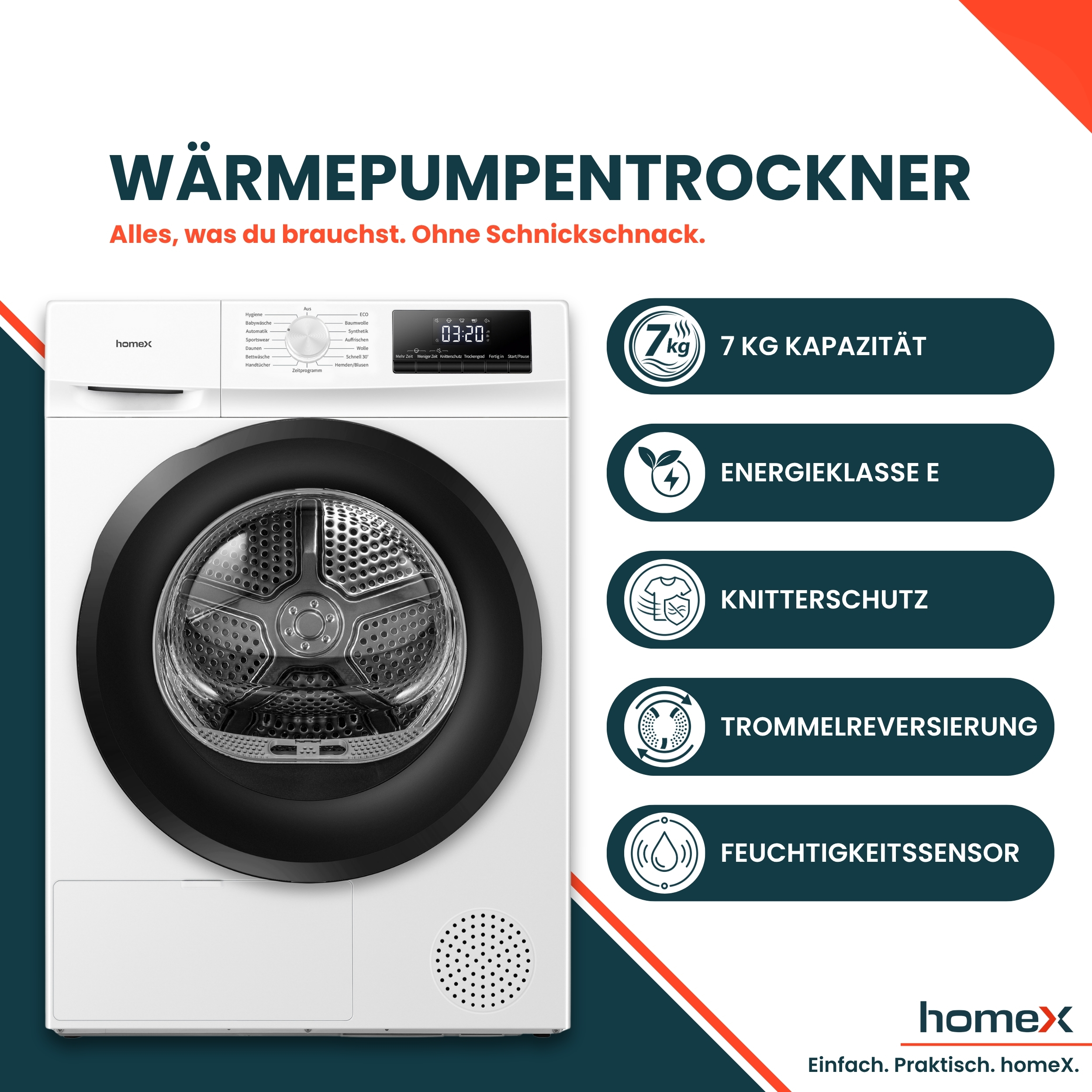 Werbebild für einen Homex Wärmepumpentrockner mit Funktionen wie 7 kg Kapazität und Knitterschutz.