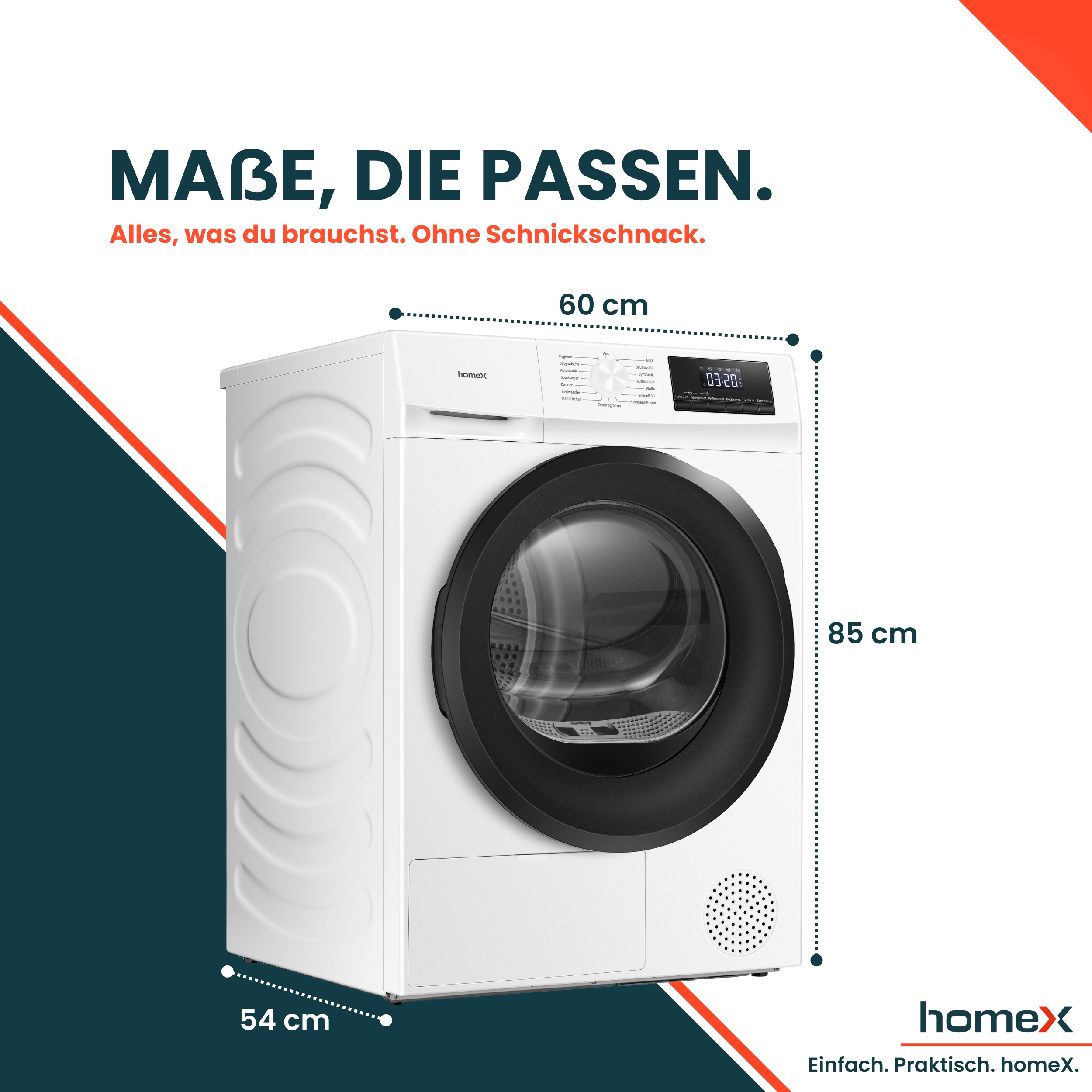 Weißer Homex Trockner mit Maßen von 60 cm Breite, 85 cm Höhe und 54 cm Tiefe.