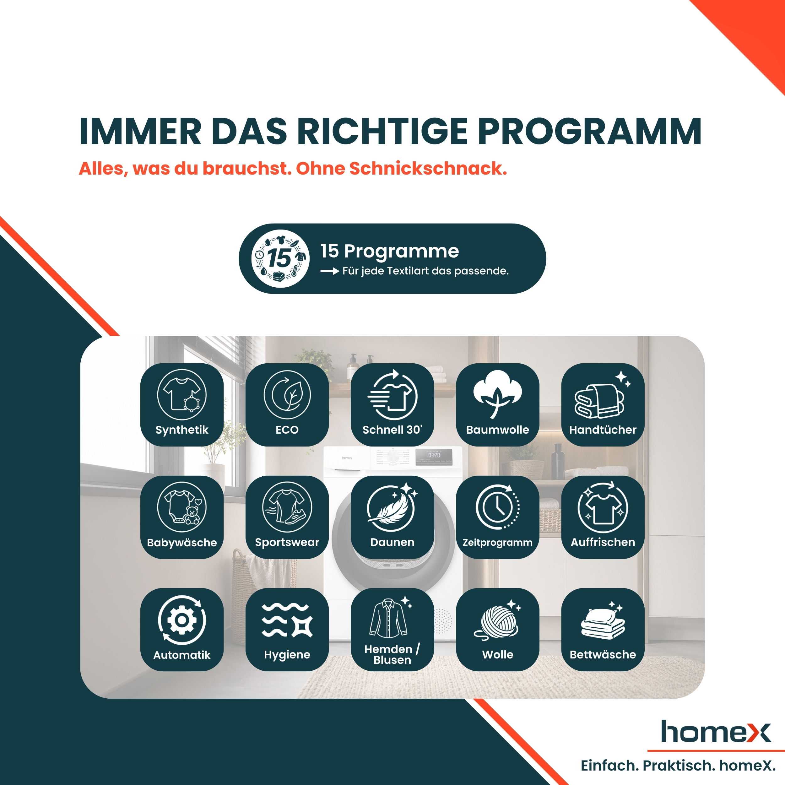 Übersicht von 15 Waschprogrammen für verschiedene Textilien mit Symbolen.