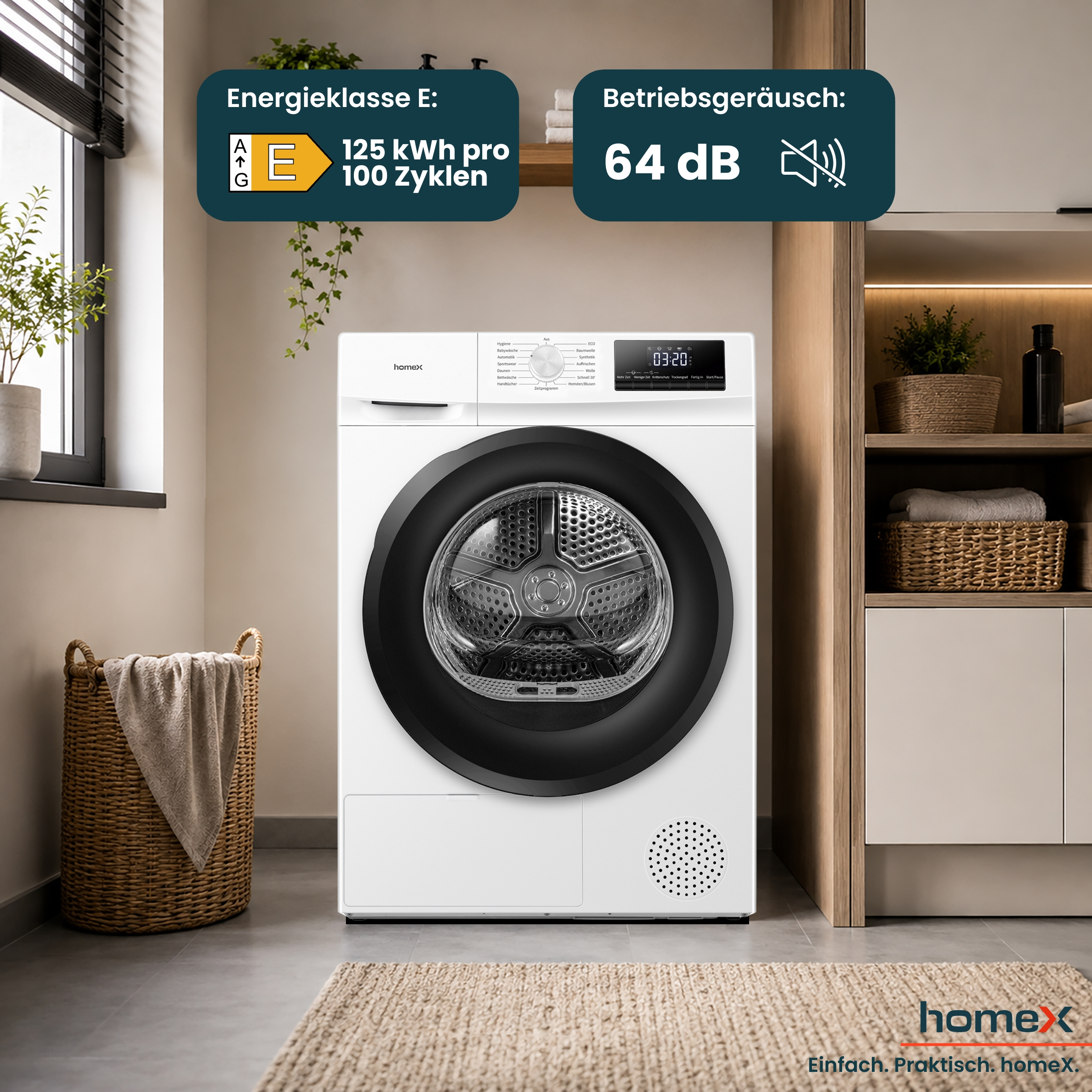 Weißer Trockner in Waschküche mit Korb, Pflanzen und Energielabel Klasse E mit 64 dB.