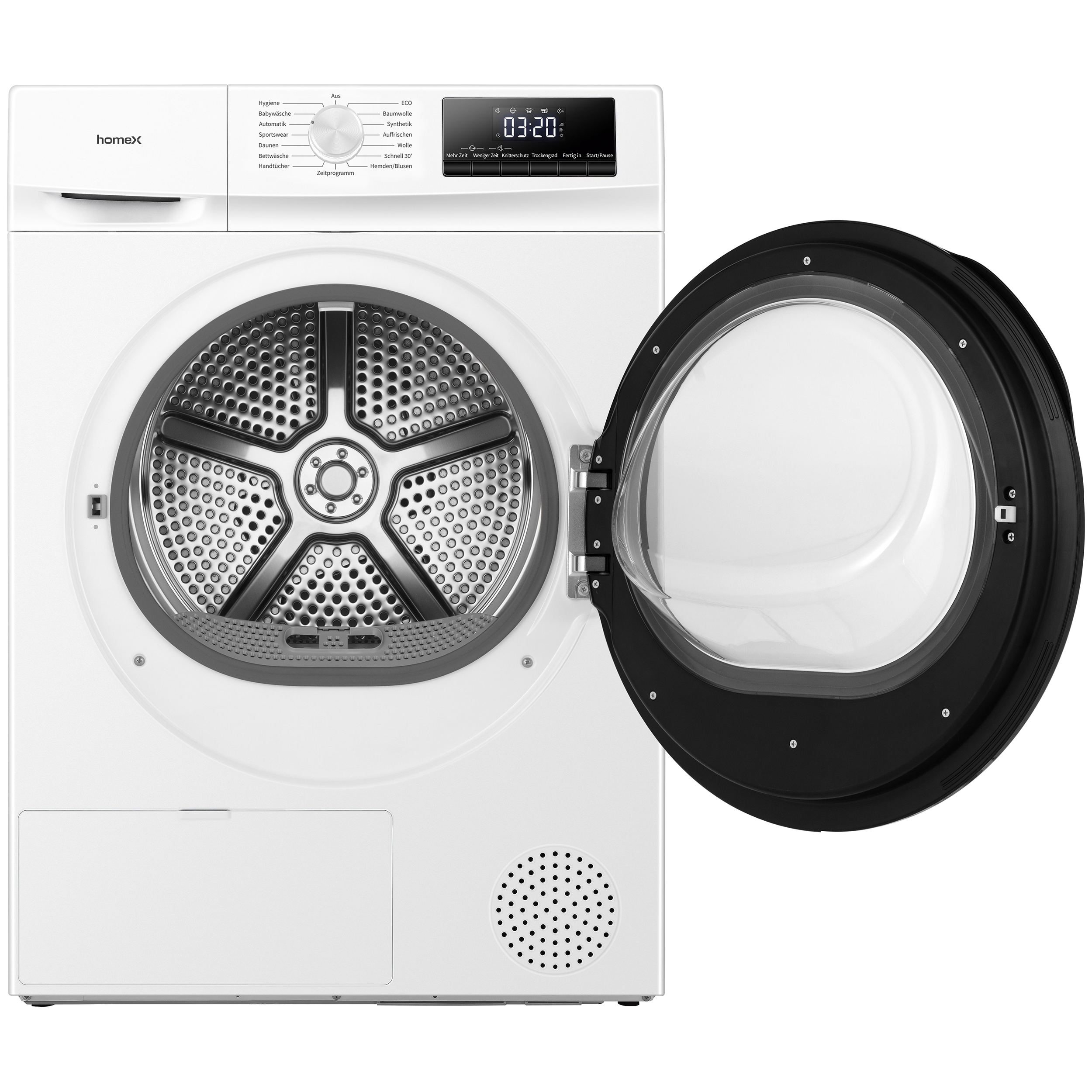 Ein weißer Wäschetrockner mit offener schwarzer Glastür, Drehregler, Digitaldisplay und gelochter Edelstahltrommel.