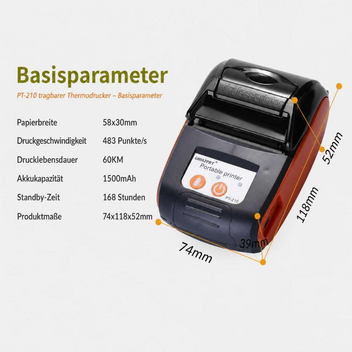 Tragbarer Thermodrucker in Schwarz und Orange mit technischen Parametern und Abmessungen.