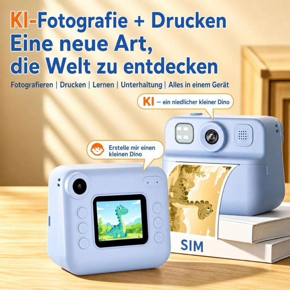 Blaue Kinderkamera mit Drucker zeigt Dino auf Display und druckt ein Bild aus.