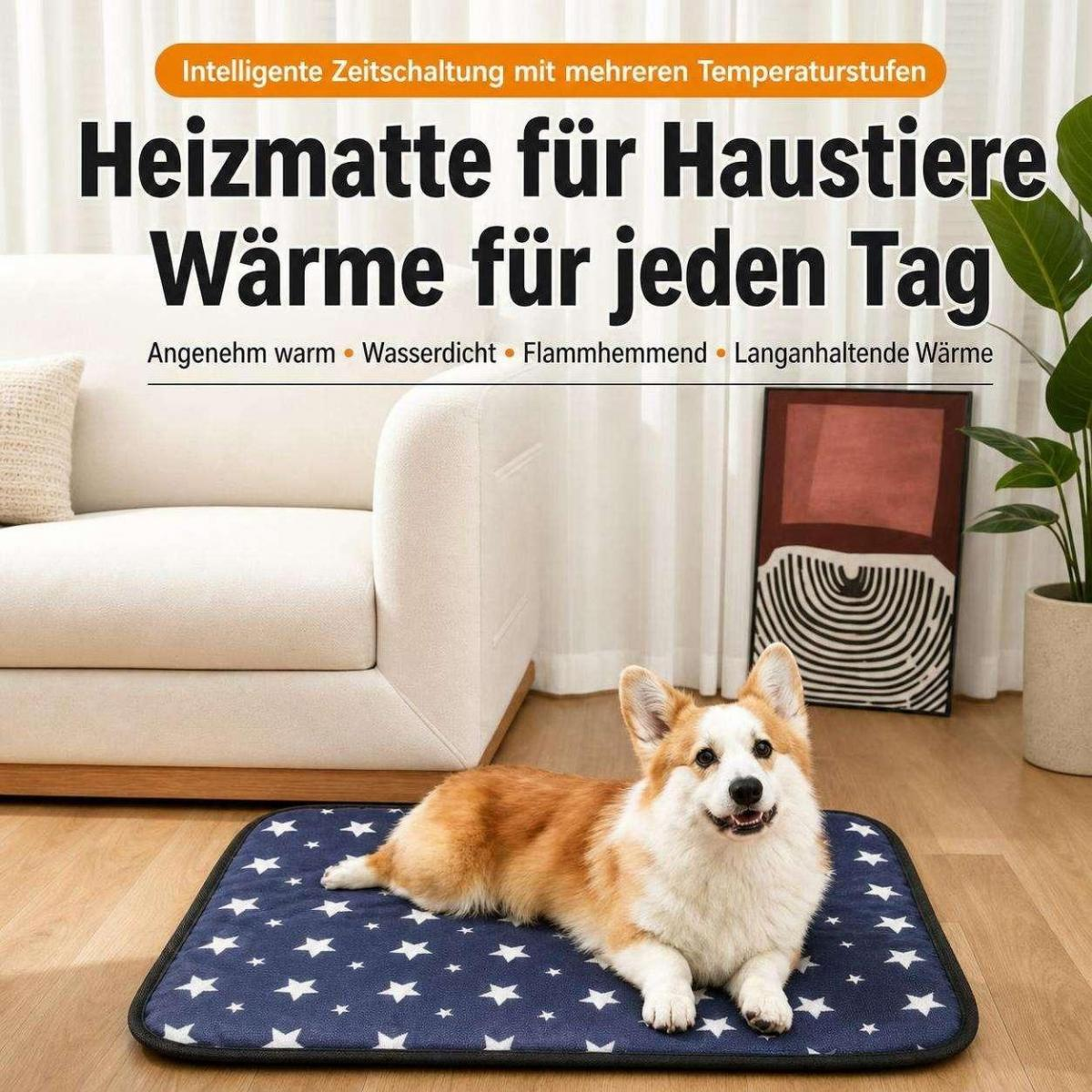 Ein Corgi liegt entspannt auf einer blauen, sternenmusternden Heizmatte in einem hellen Zimmer.