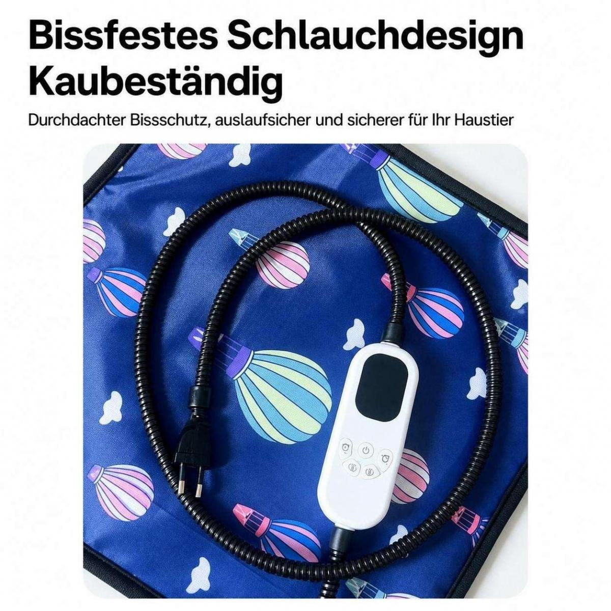 Bissfester Schlauch mit weißer Fernbedienung auf blauem Stoff mit Heißluftballon-Muster.