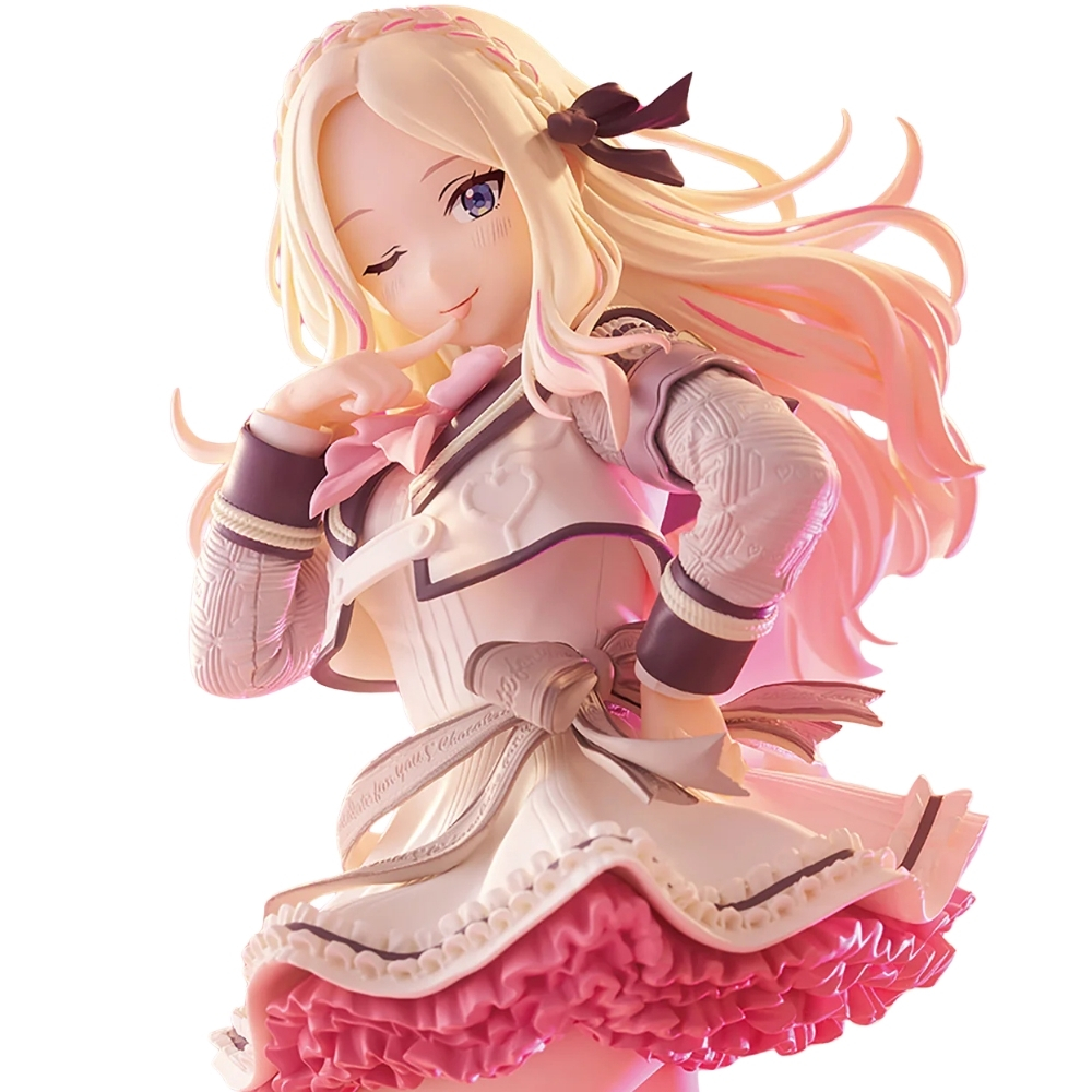 Figura anime con capelli biondi, che fa l'occhiolino, con uniforme bianca e volant rosa su sfondo luminoso.