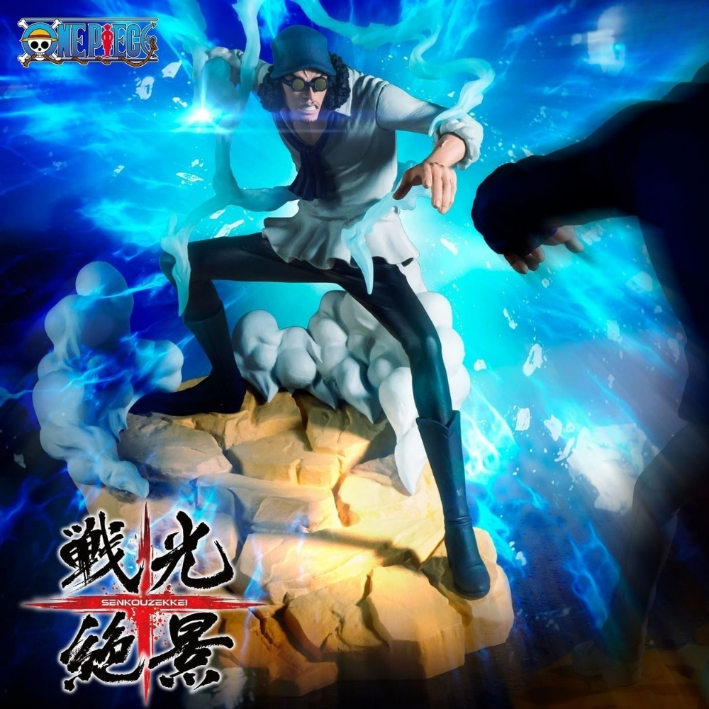 Eine One Piece Aokiji-Figur in Action auf einer felsigen Basis, umgeben von blauem Licht und Eiswolken.