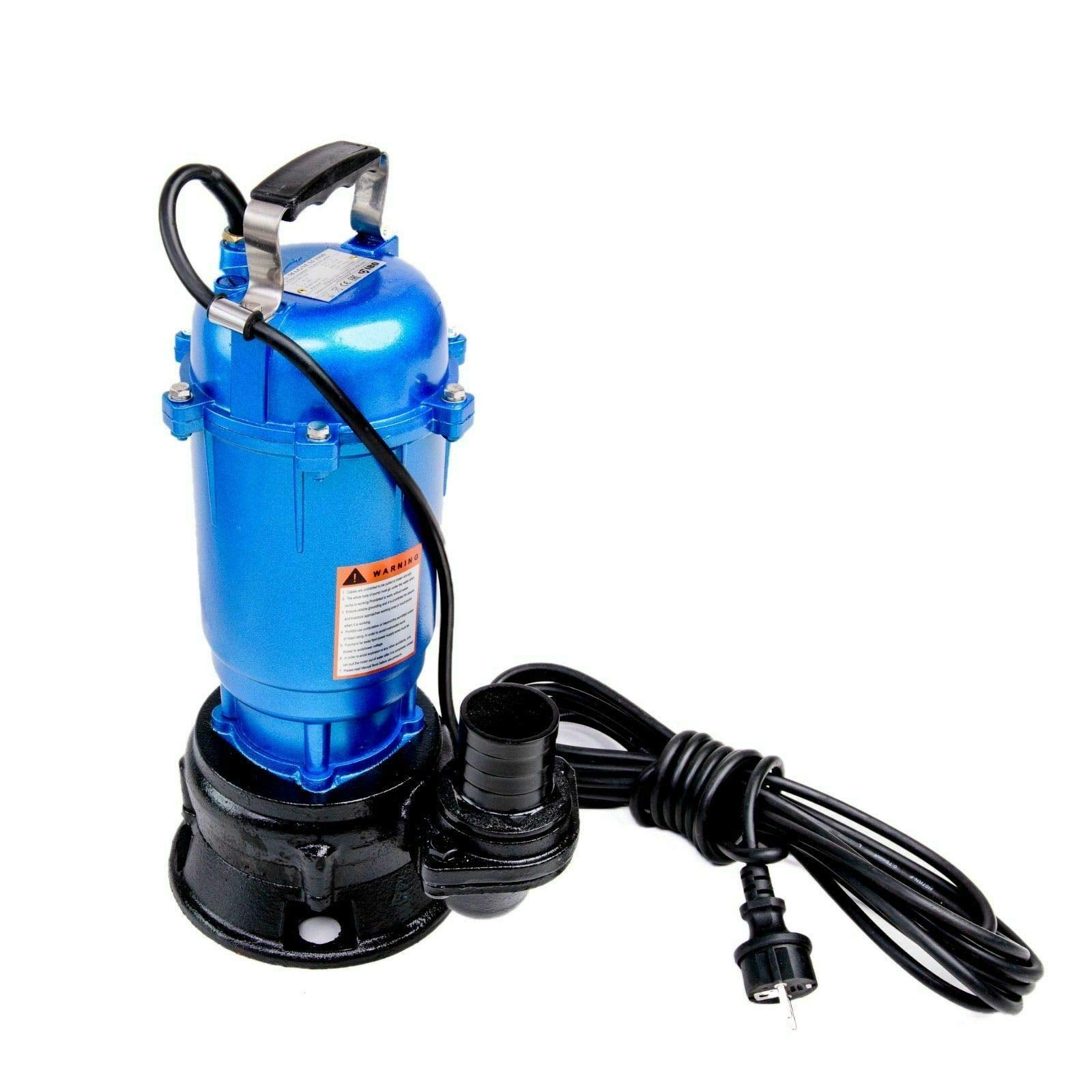 Une pompe submersible bleue et noire avec cordon d'alimentation enroulé et étiquette d'avertissement sur fond blanc.