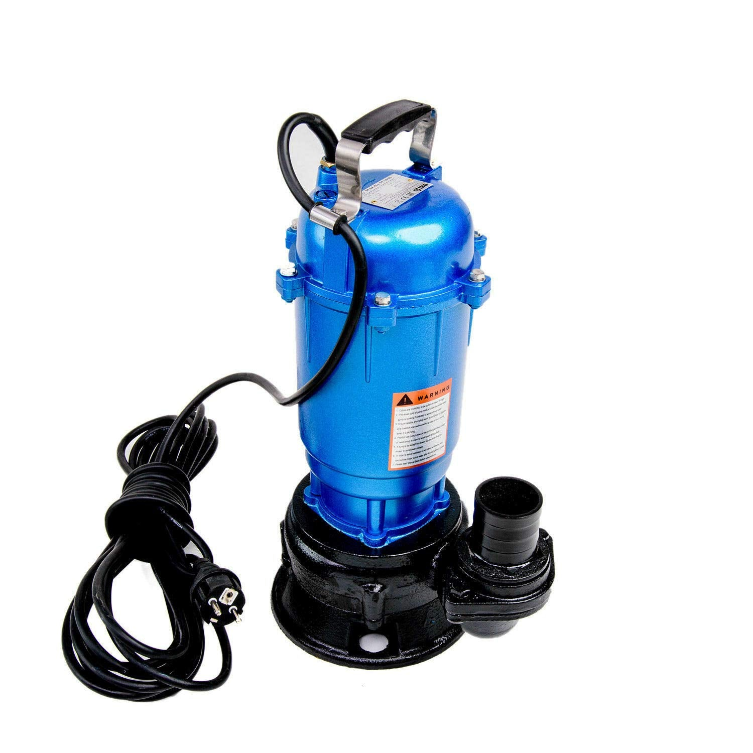 Pompe à eau submersible électrique bleue avec base noire, poignée et cordon d'alimentation enroulé sur fond blanc.