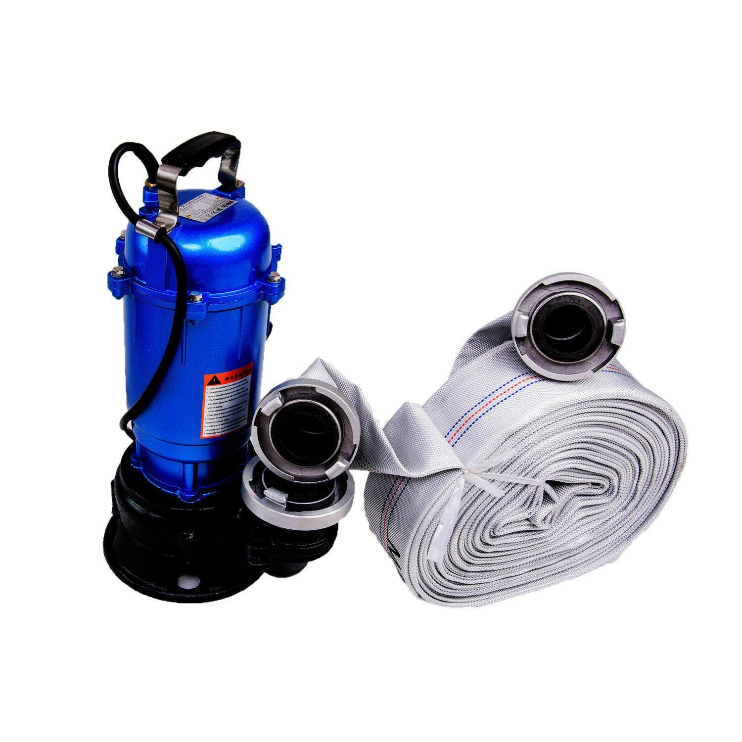 Pompe à eau submersible bleue avec base noire et tuyau d'incendie gris enroulé avec raccords.