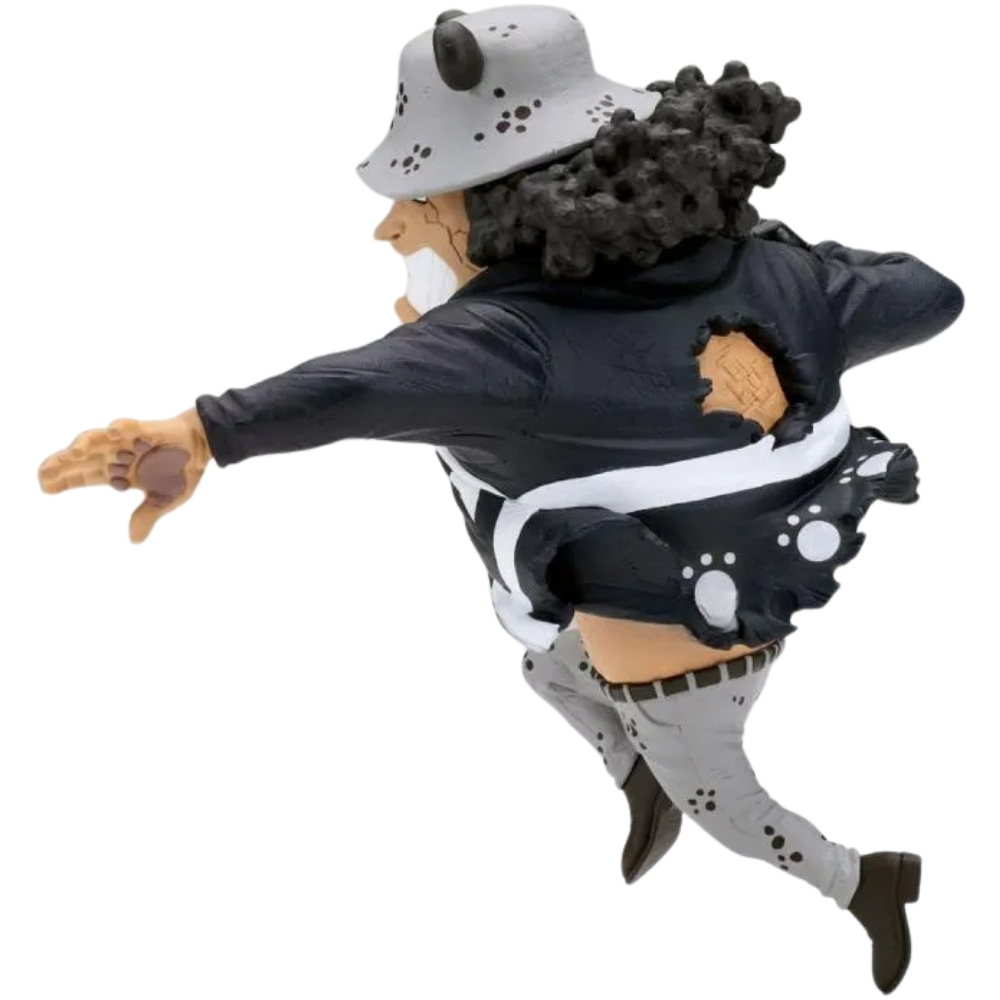 Statuetta di una persona con cappello, che corre in abiti neri e tende la mano.