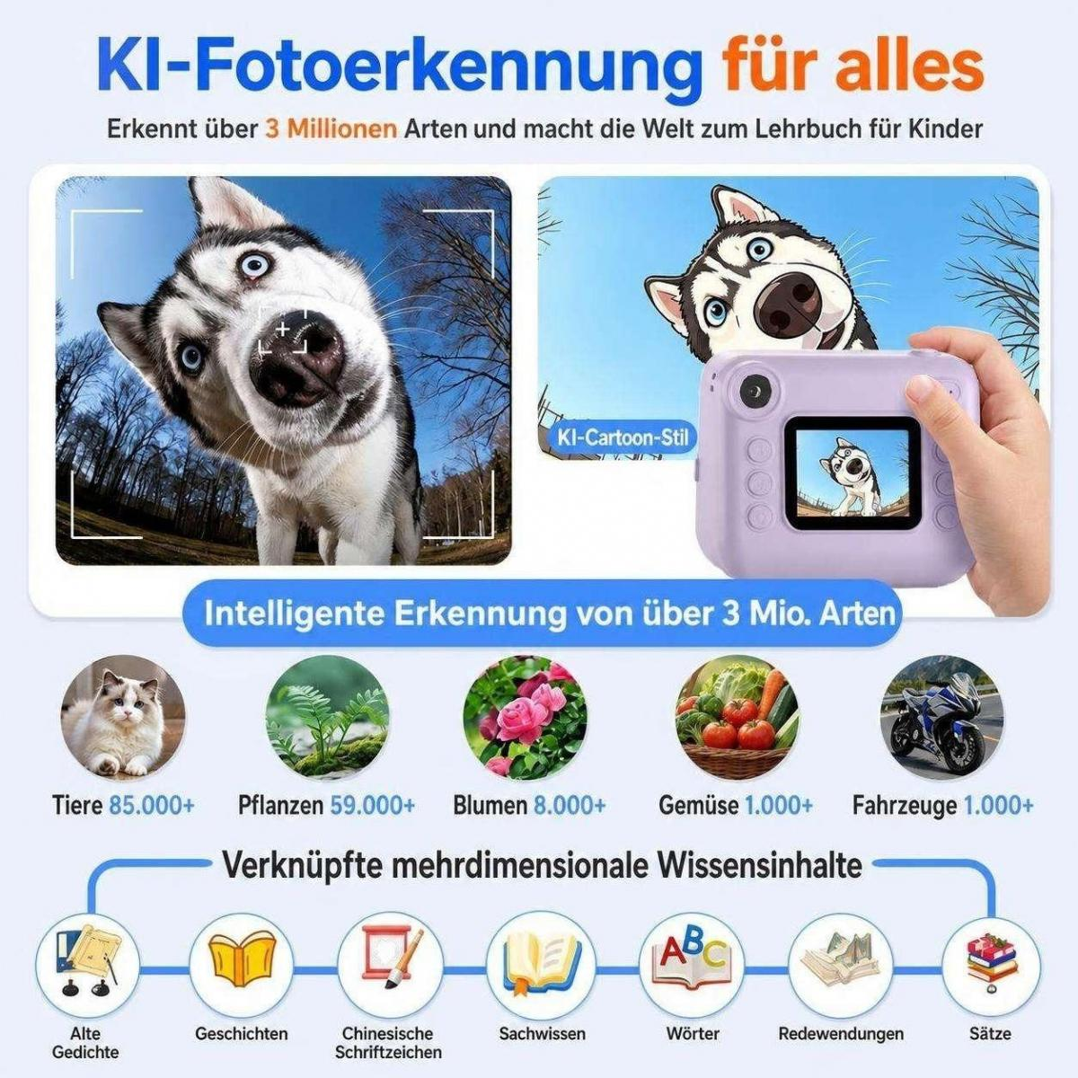 Werbung für eine Kinderkamera mit KI-Objekterkennung für Tiere, Pflanzen, Blumen, Gemüse und Fahrzeuge.