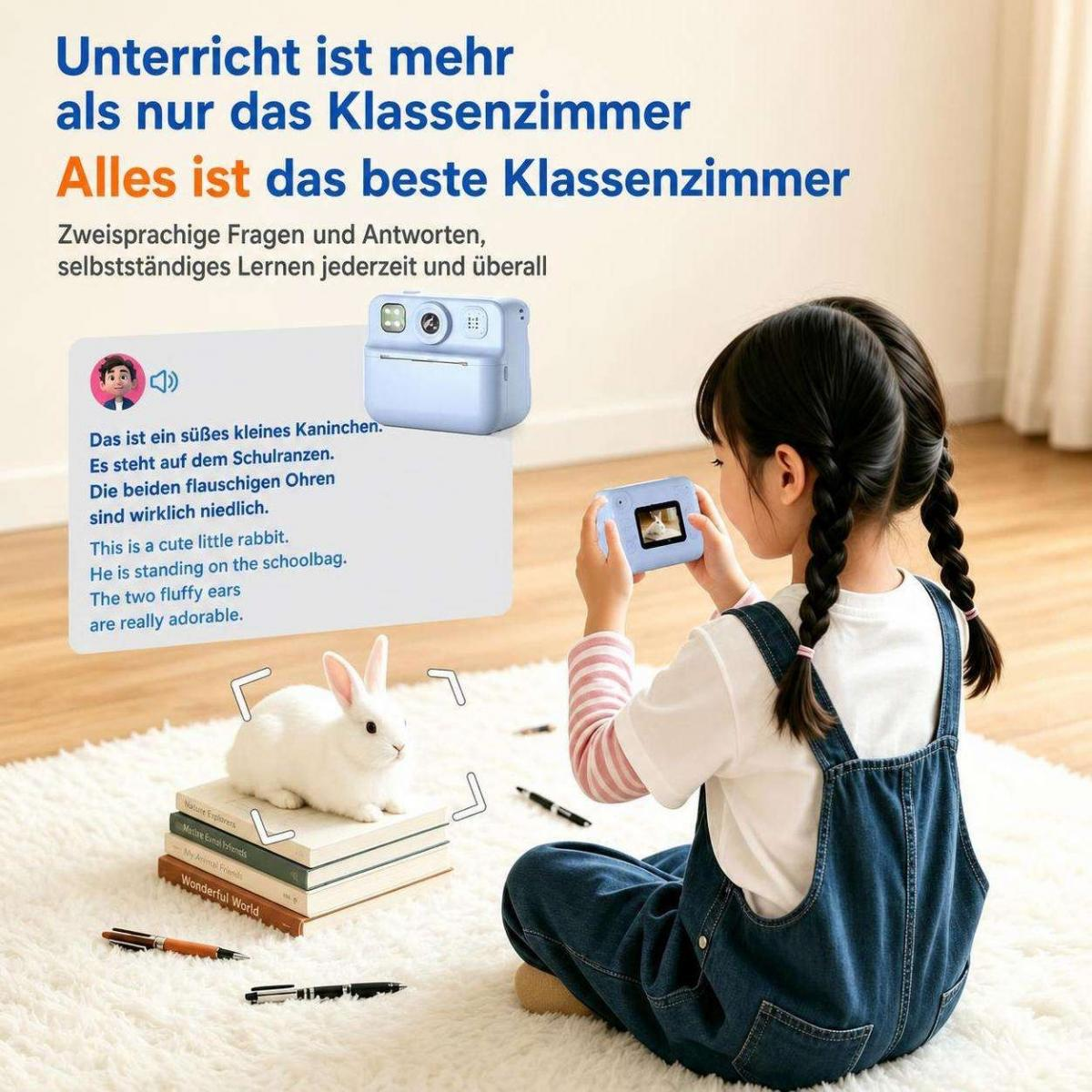 Ein Mädchen fotografiert ein Kaninchen auf Büchern mit einer blauen Sofortbildkamera. Text und Grafik überlagern das Bild.