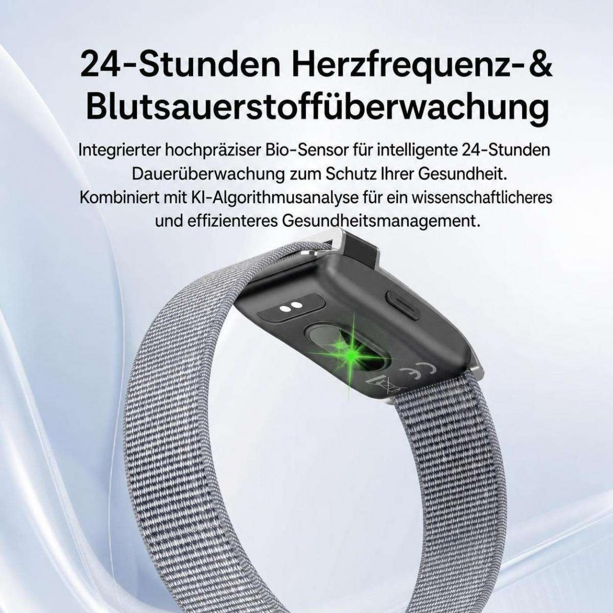 Rückseite einer Smartwatch mit grünem LED-Sensor und grauem Stoffarmband vor weißem Hintergrund.