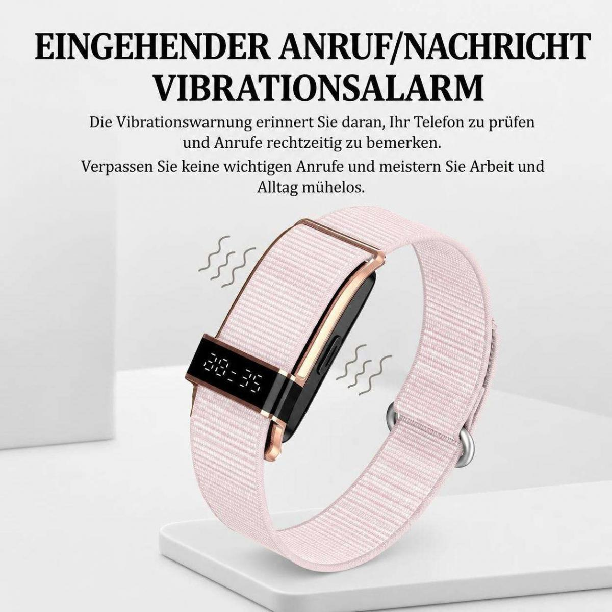 Ein pinkes Smartwatch-Band mit digitaler Anzeige und Vibrationssymbolen gegen grauen Hintergrund mit deutschem Text.