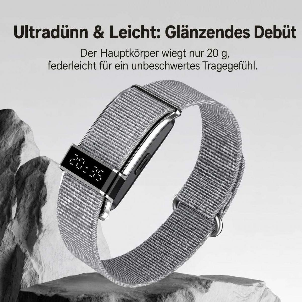 Ultradünne, leichte Smartwatch mit grauem Stoffarmband auf grauem Felsen.