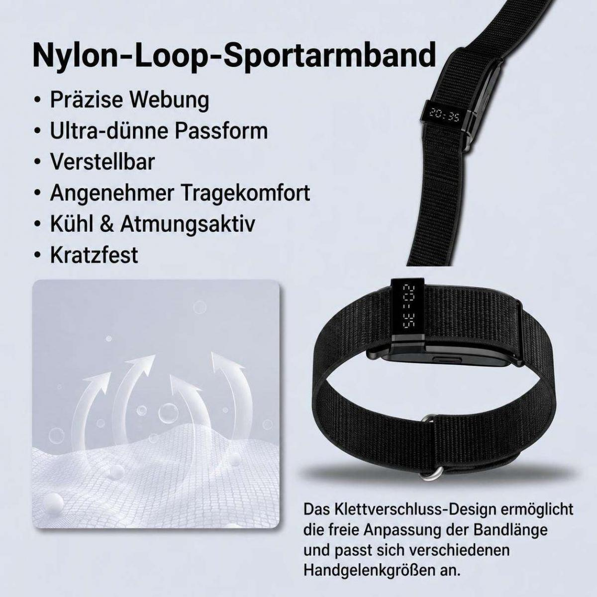 Werbebild für ein schwarzes Nylon-Loop-Sportarmband mit Produktfeatures und deutscher Beschreibung.