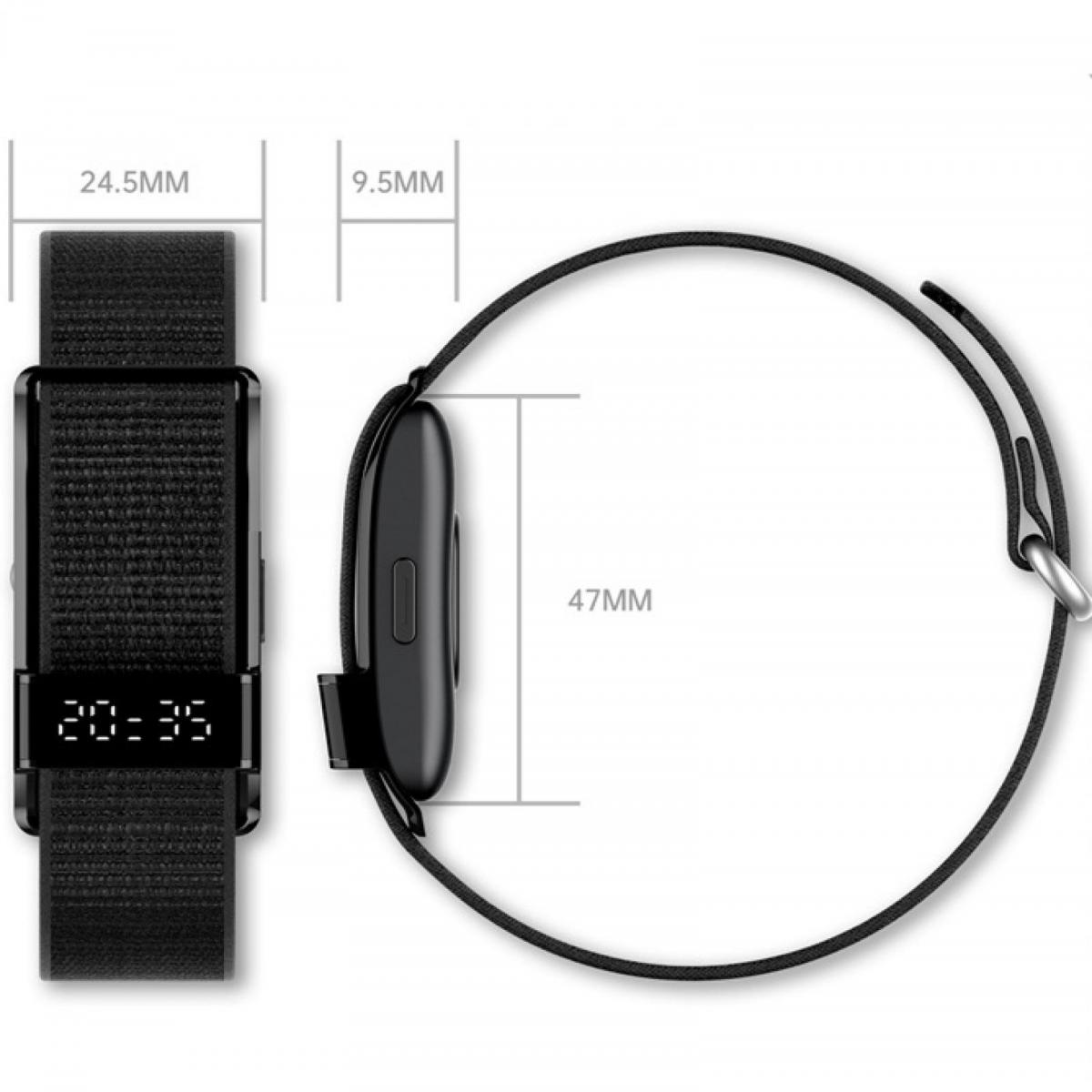 Technische Zeichnung einer schwarzen Smartwatch mit Maßen für Breite, Dicke und Gehäuselänge.