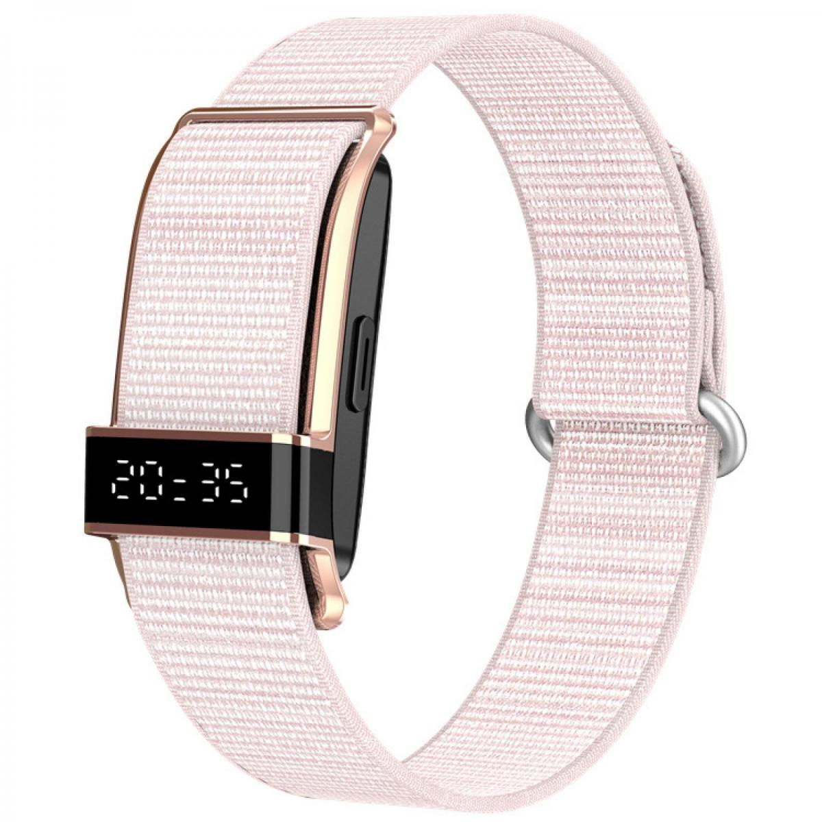 Rosa Fitnessarmband mit Stoffarmband und digitaler Zeitanzeige auf weißem Hintergrund.
