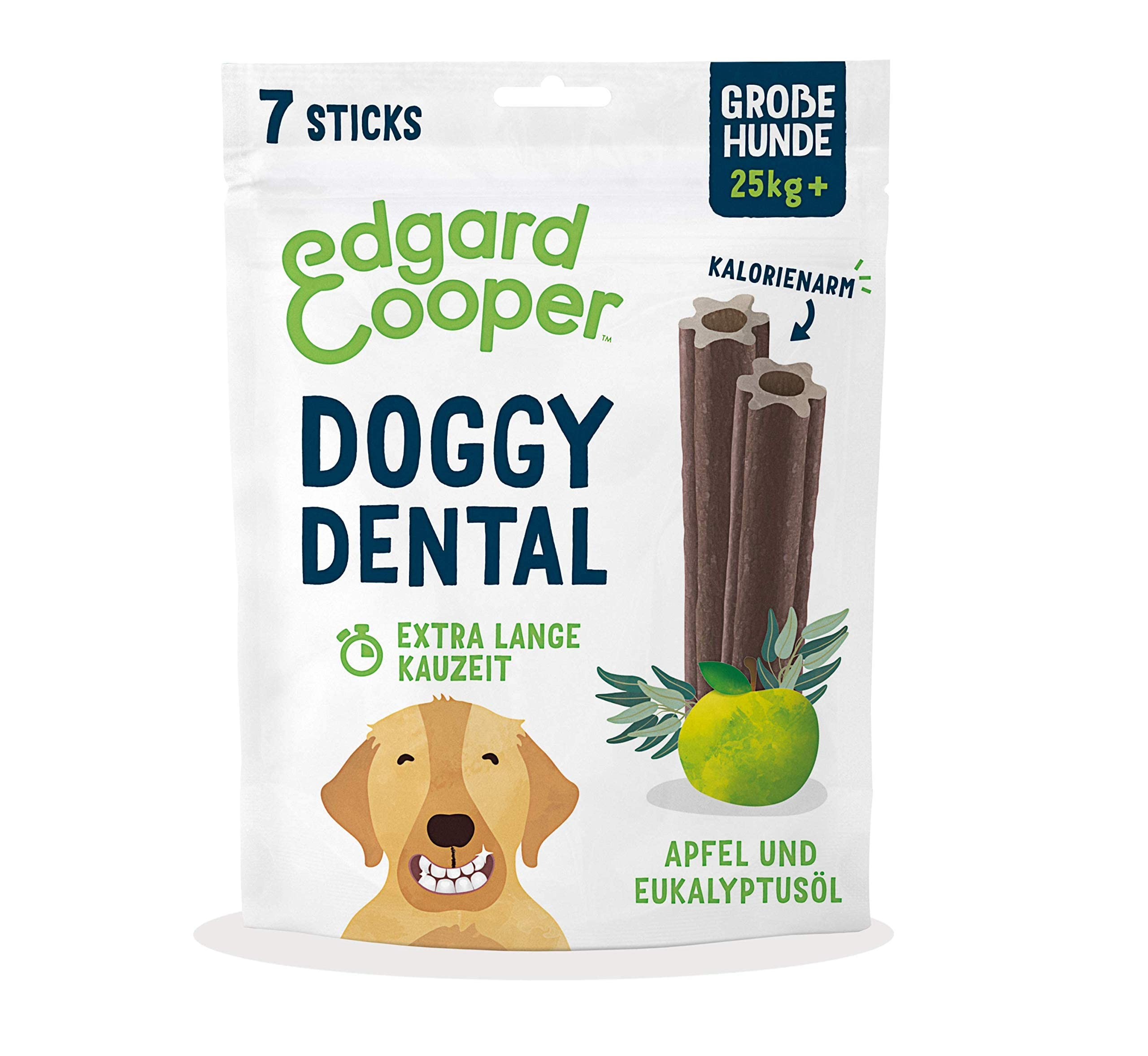 Weisse Verpackung von Edgard Cooper Doggy Dental Kauartikeln mit Hund, Apfel, Eukalyptusöl und Text.