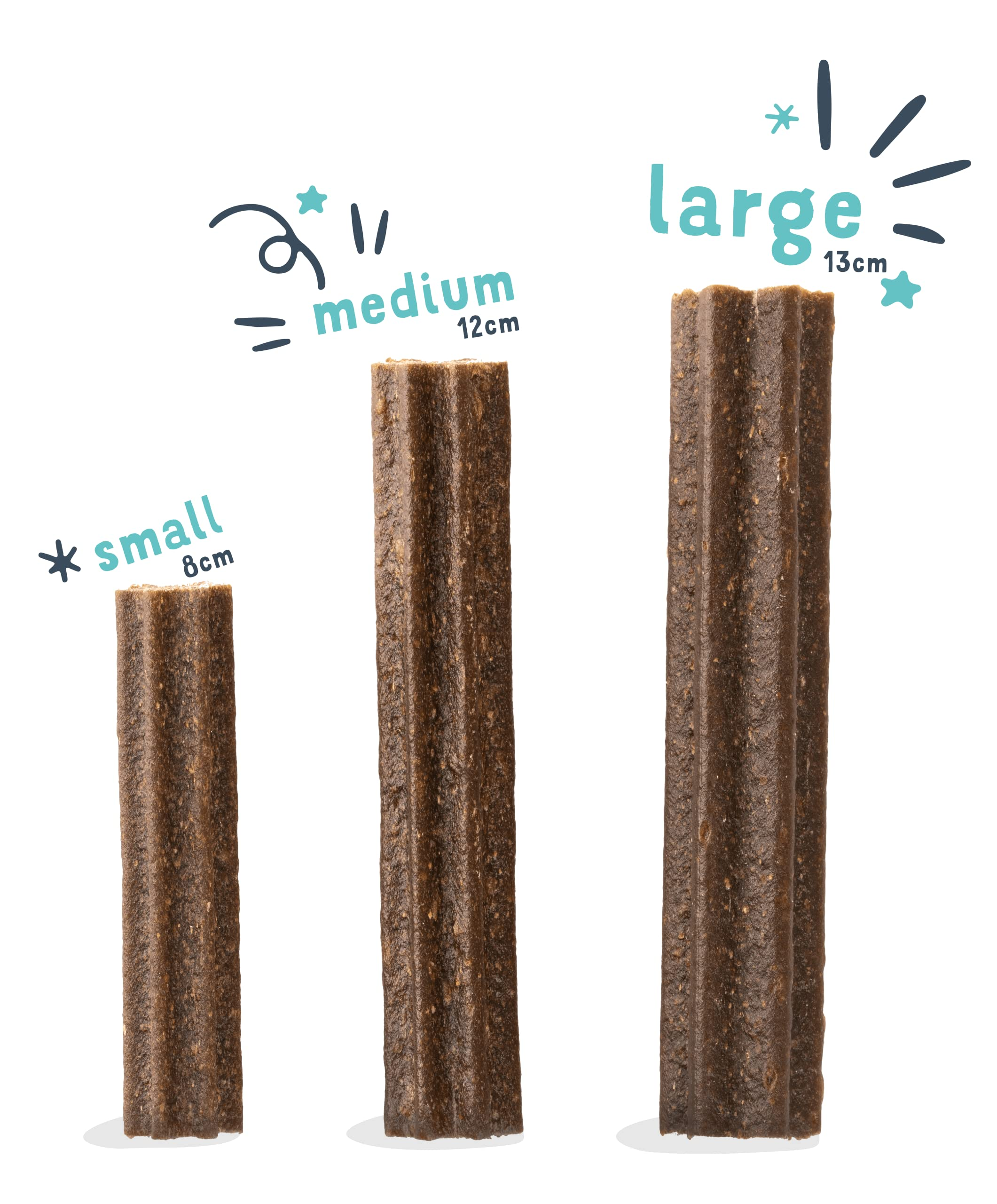 Drei braune Hundekauartikel in den Größen klein 8cm, mittel 12cm und groß 13cm.