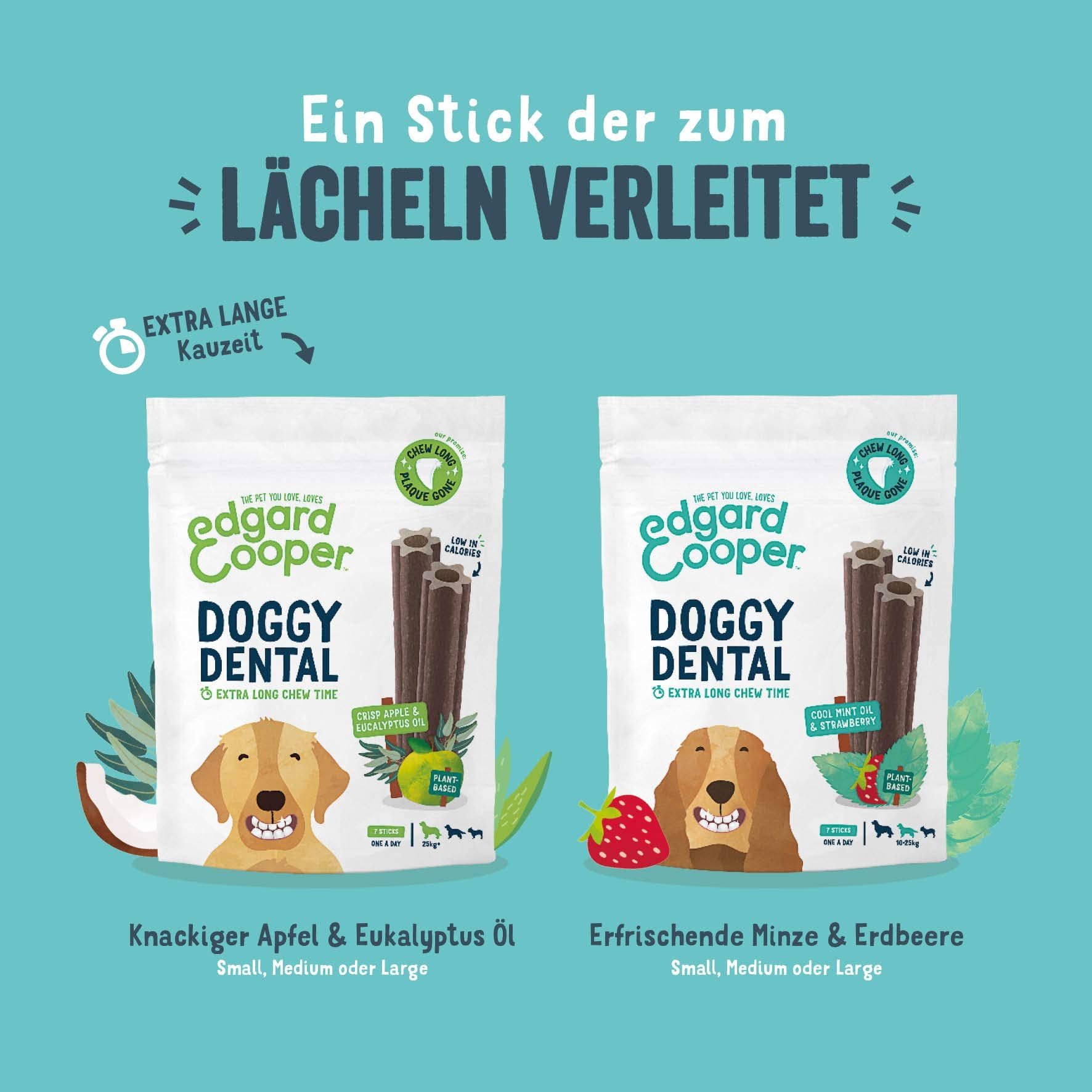 Zwei Edgard Cooper Doggy Dental Kaukaufverpackungen auf türkisfarbenem Hintergrund mit Text und Früchten.