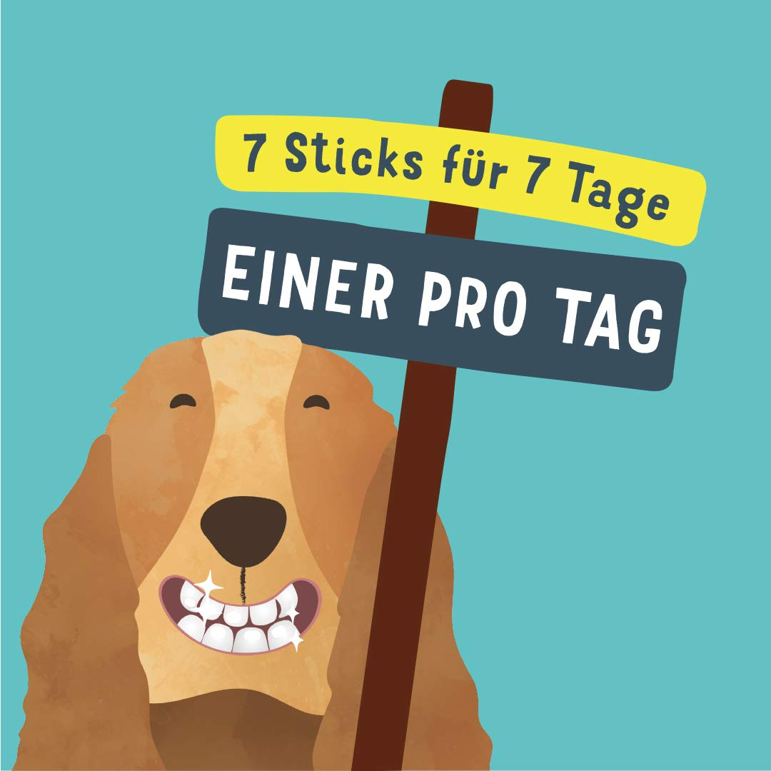Ein lächelnder Hund mit sehr weißen Zähnen neben einem Schild mit der Aufschrift 7 Sticks für 7 Tage, einer pro Tag.