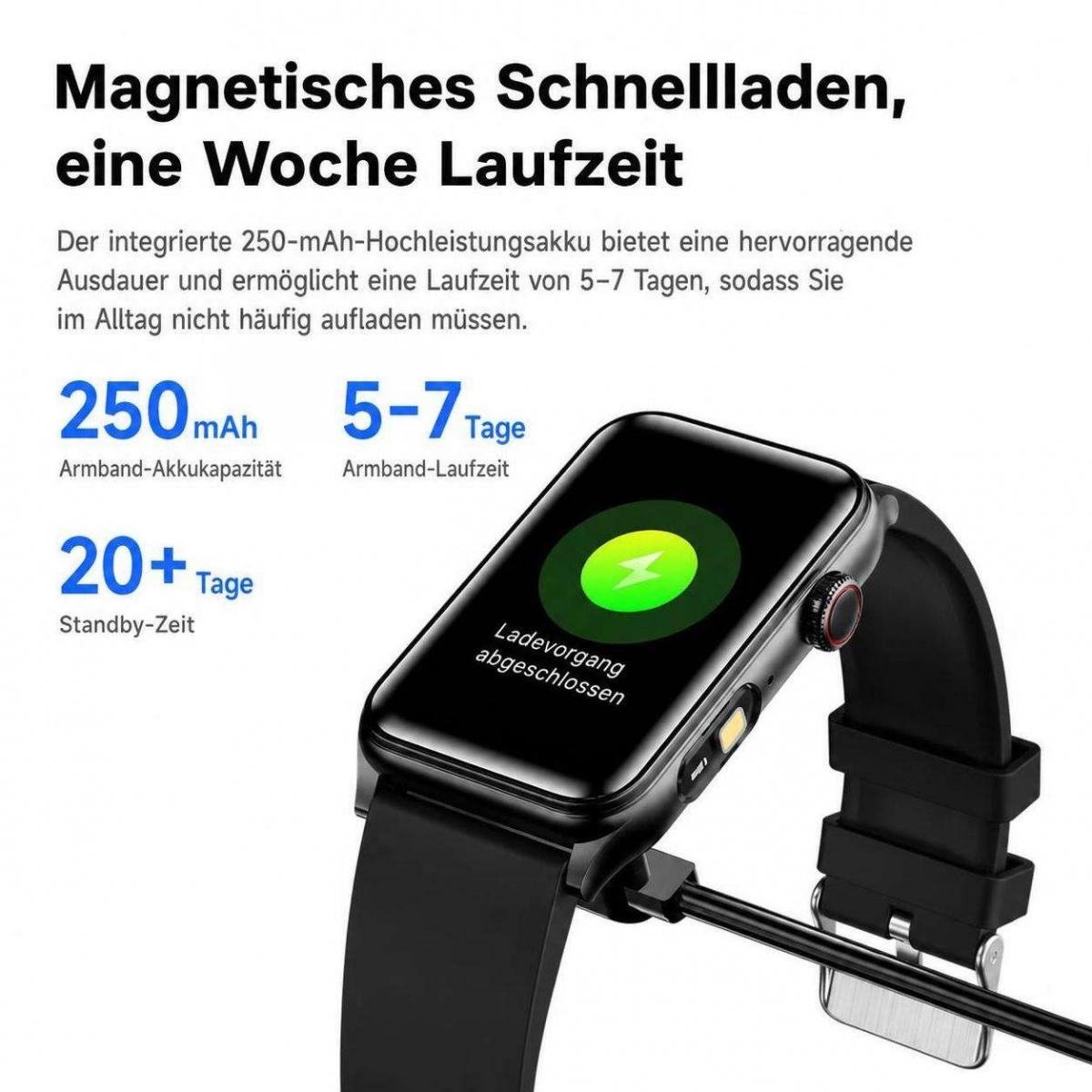 Smartwatch mit 250mAh Akku, 5-7 Tagen Laufzeit und magnetischem Laden. Schwarzes Armband.