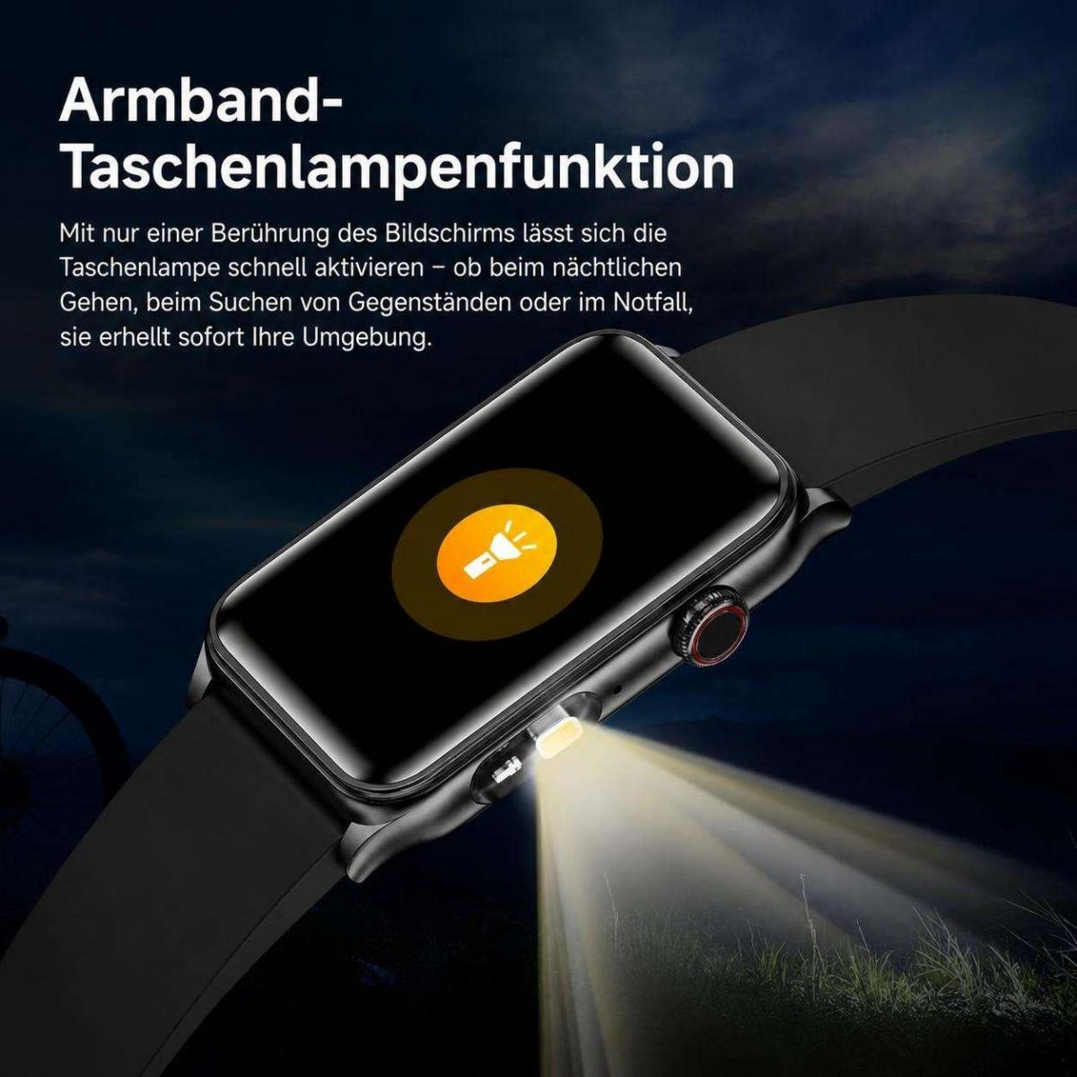 Smartwatch mit integrierter Taschenlampe und deutschem Text über die Funktion.
