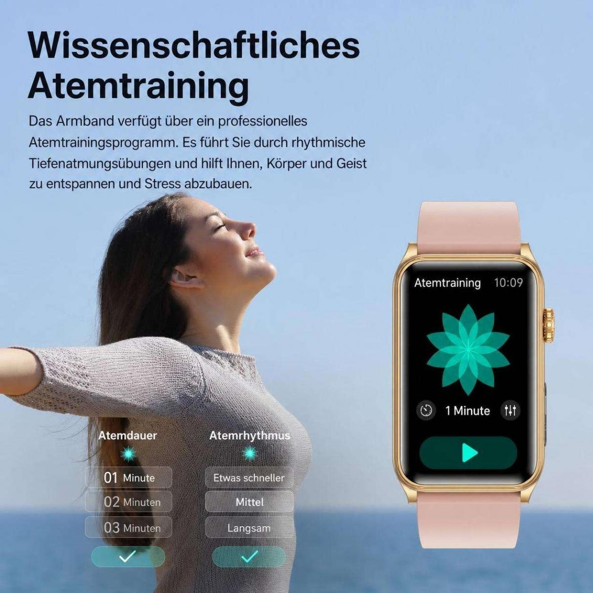 Eine Frau macht Atemübungen neben einer goldenen Smartwatch mit rosa Armband, die Trainingsoptionen anzeigt.