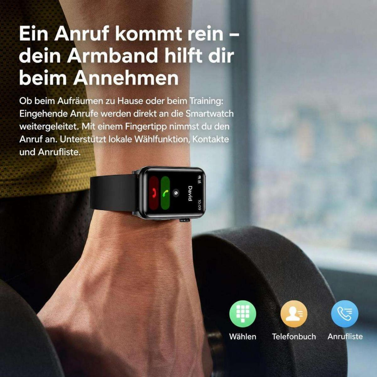 Arme mit einer Smartwatch zeigt eingehenden Anruf, German Text overlay.