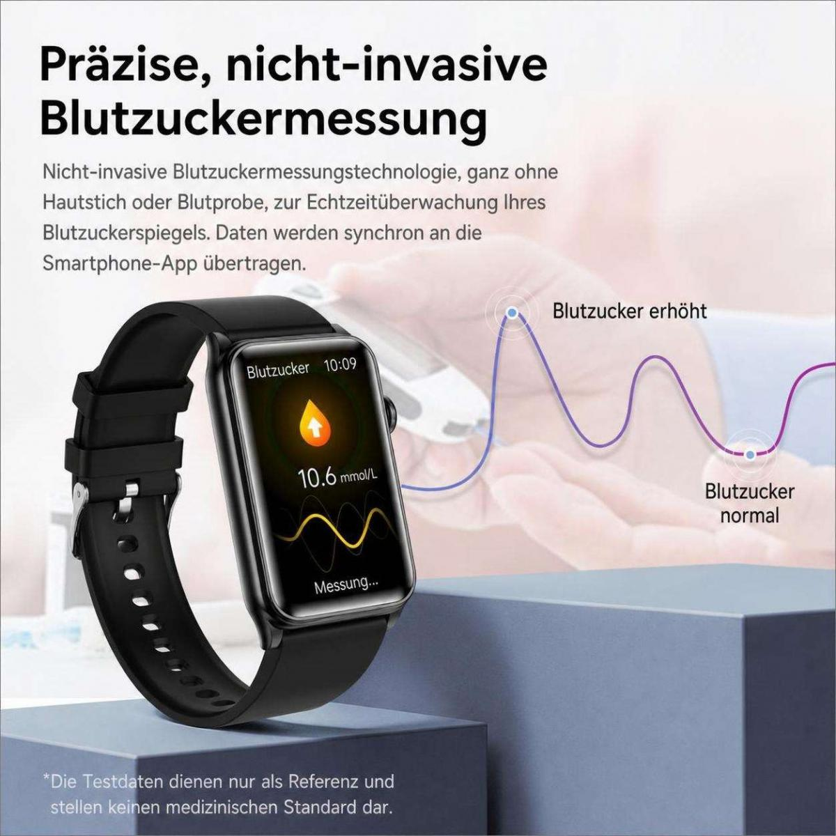 Schwarze Smartwatch auf einem Sockel zeigt Blutzuckerdaten und eine Grafik im Hintergrund.