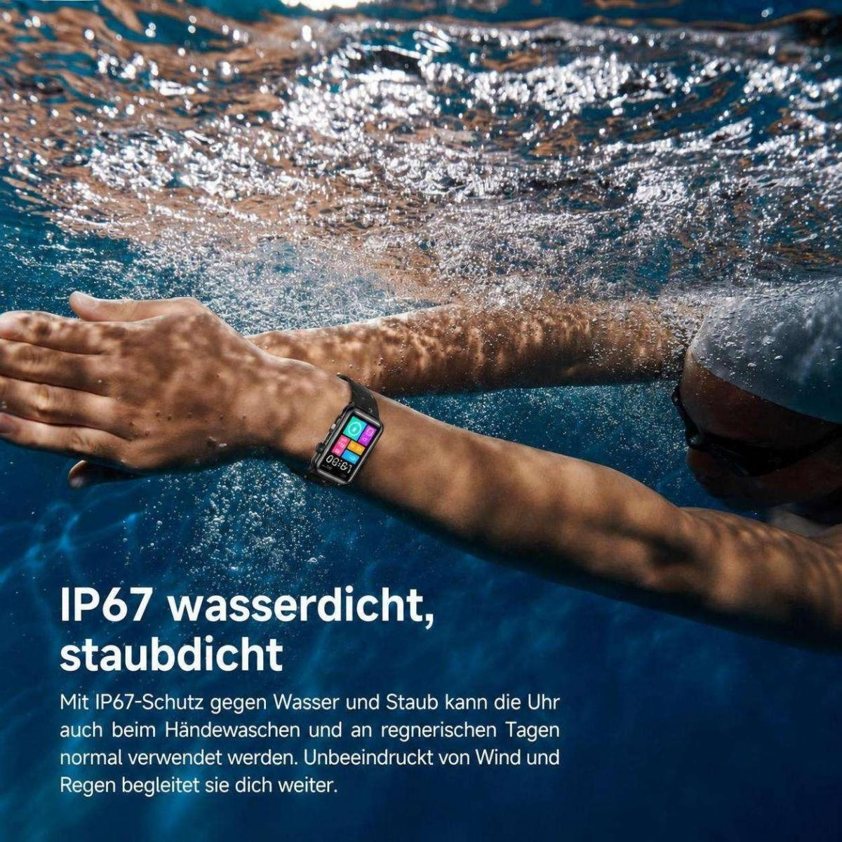 Eine Person schwimmt im Wasser und trägt eine schwarze Smartwatch am Handgelenk mit Text auf dem Bild.