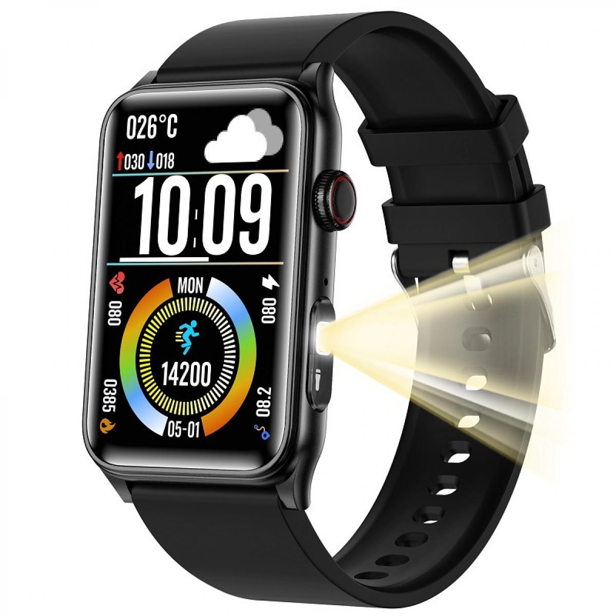 Schwarze Smartwatch mit Farbdisplay, Uhrzeit, Wetter und aktivierter Seitenlampe, die Licht strahlt.