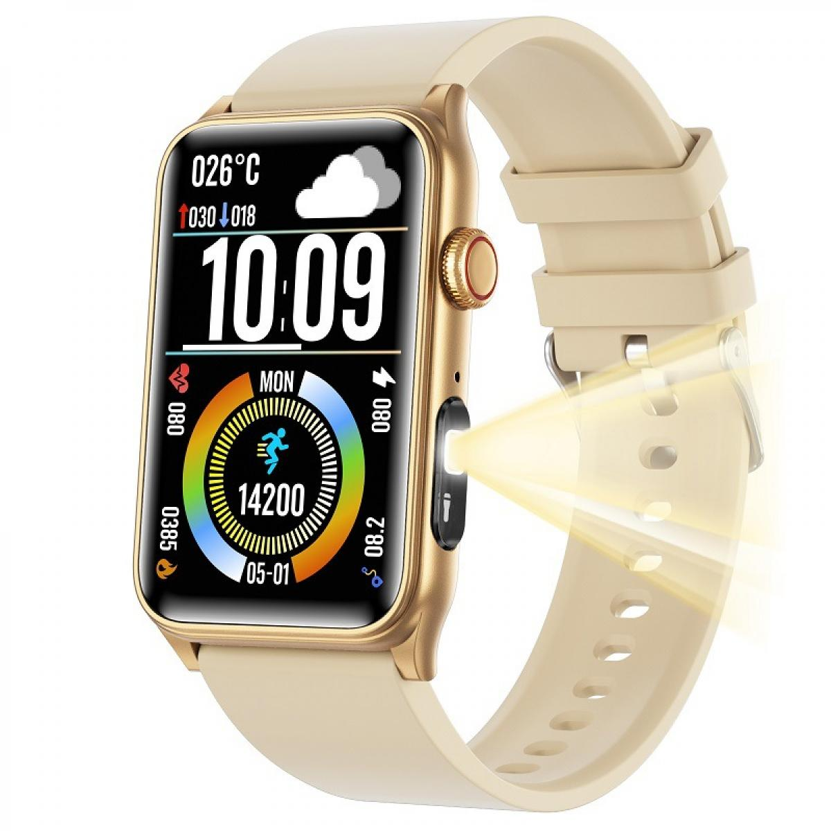 Goldfarbene Smartwatch mit cremefarbenem Armband und beleuchteter LED-Funktion seitlich.