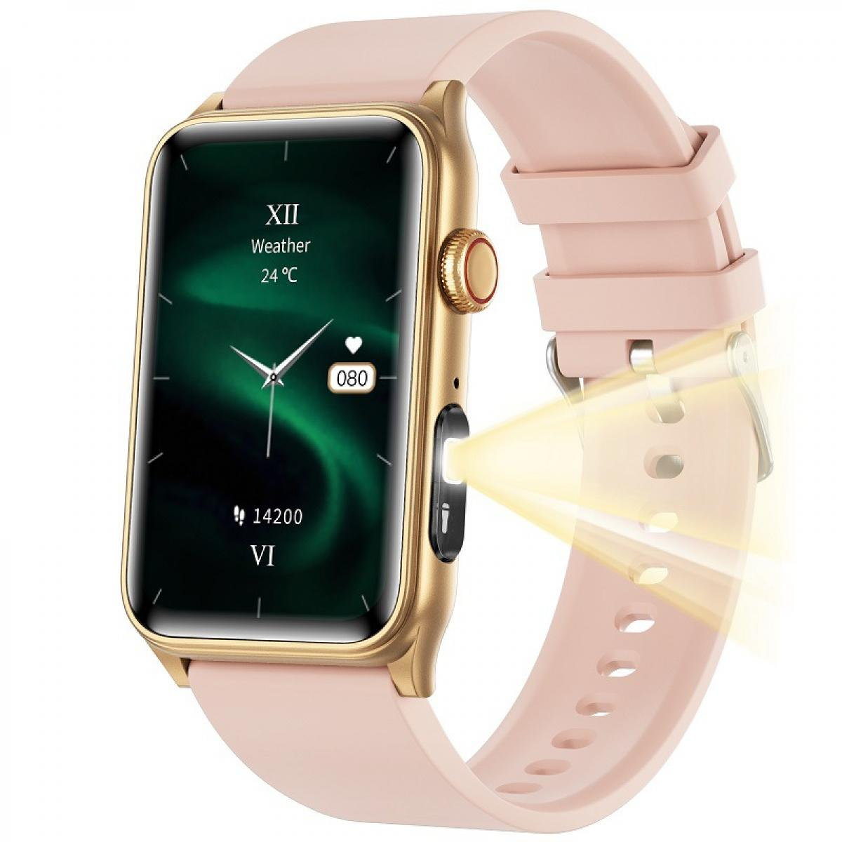 Eine goldene Smartwatch mit rosafarbenem Armband und eingeschaltetem Seitenlicht vor weißem Hintergrund.