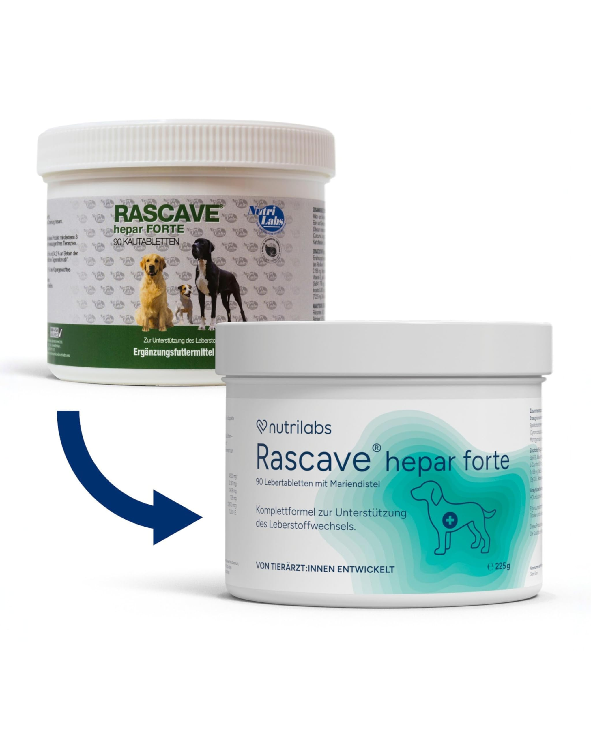 Zwei weiße Dosen von Rascave hepar forte Tiernahrung mit blauem Pfeil auf weißem Hintergrund.