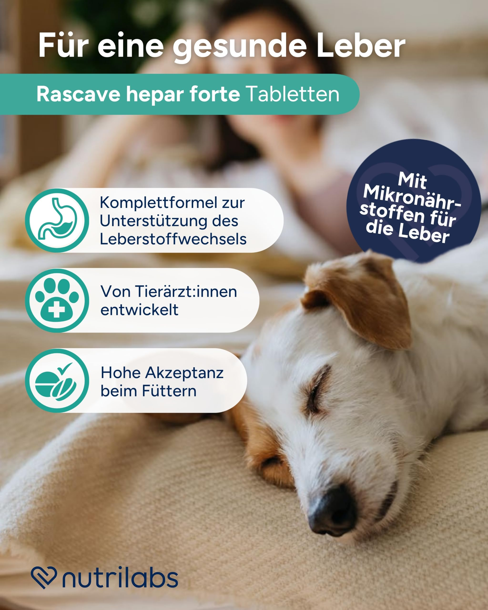 Werbebild für Rascave hepar forte Tabletten für Hunde mit Text über Lebergesundheit und einem schlafenden Hund.