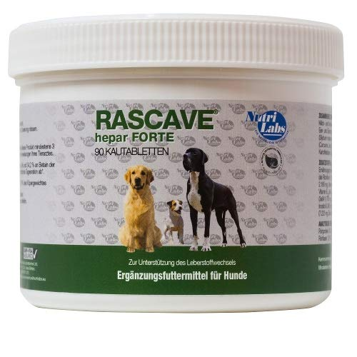 Weisse Dose mit grünem Etikett und drei Hunden für Rascave hepar FORTE Ergänzungsfutter.
