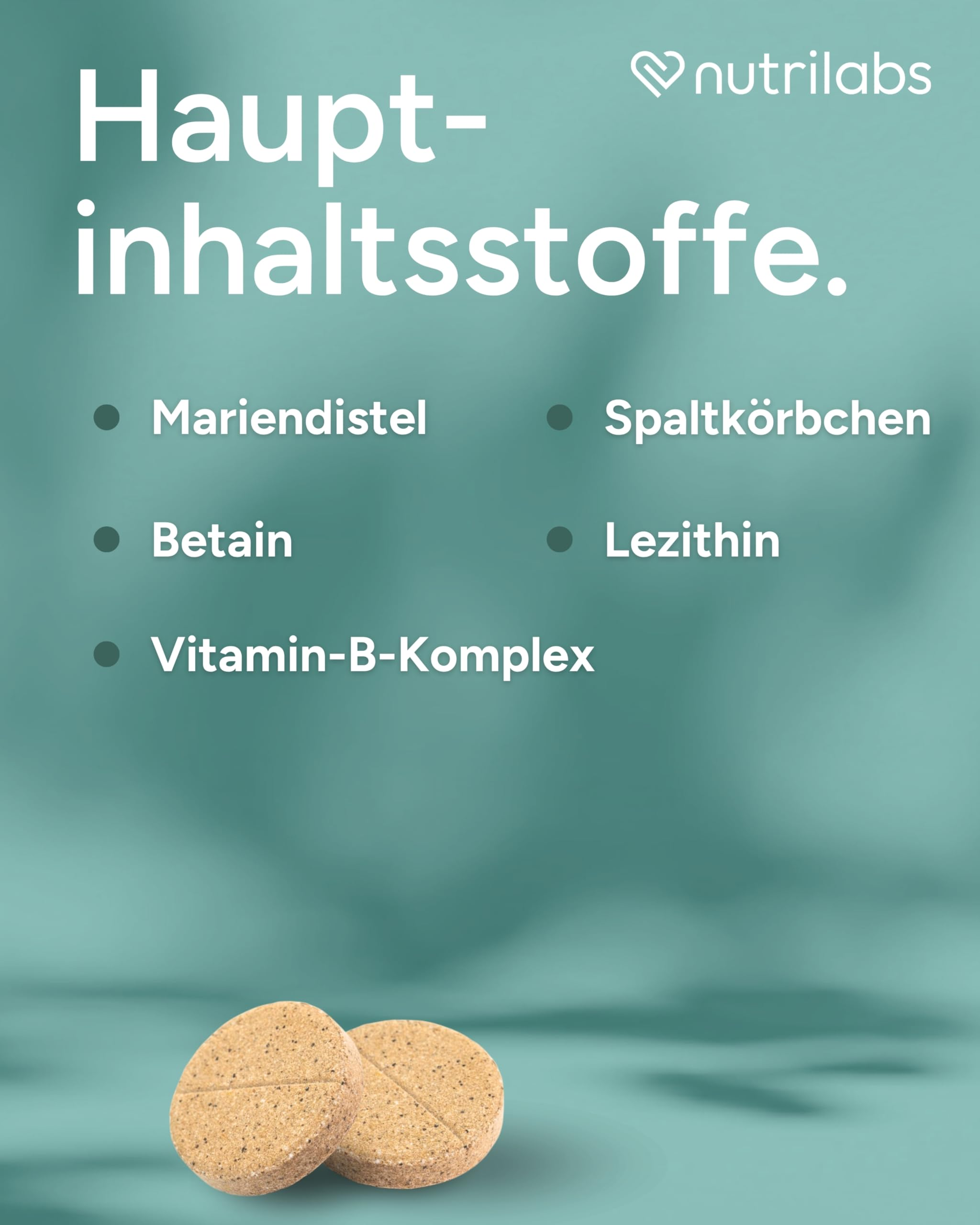 Nutrilabs-Produktgrafik mit Hauptinhaltsstoffen und zwei runden, gesprenkelten Tabletten auf blaugrünem Grund.